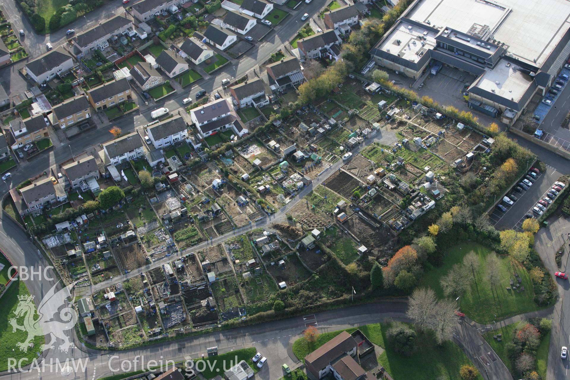 RCAHMW colour oblique photograph of Allotments, Brynau, Caerphilly. Taken by Toby Driver on 12/11/2008.