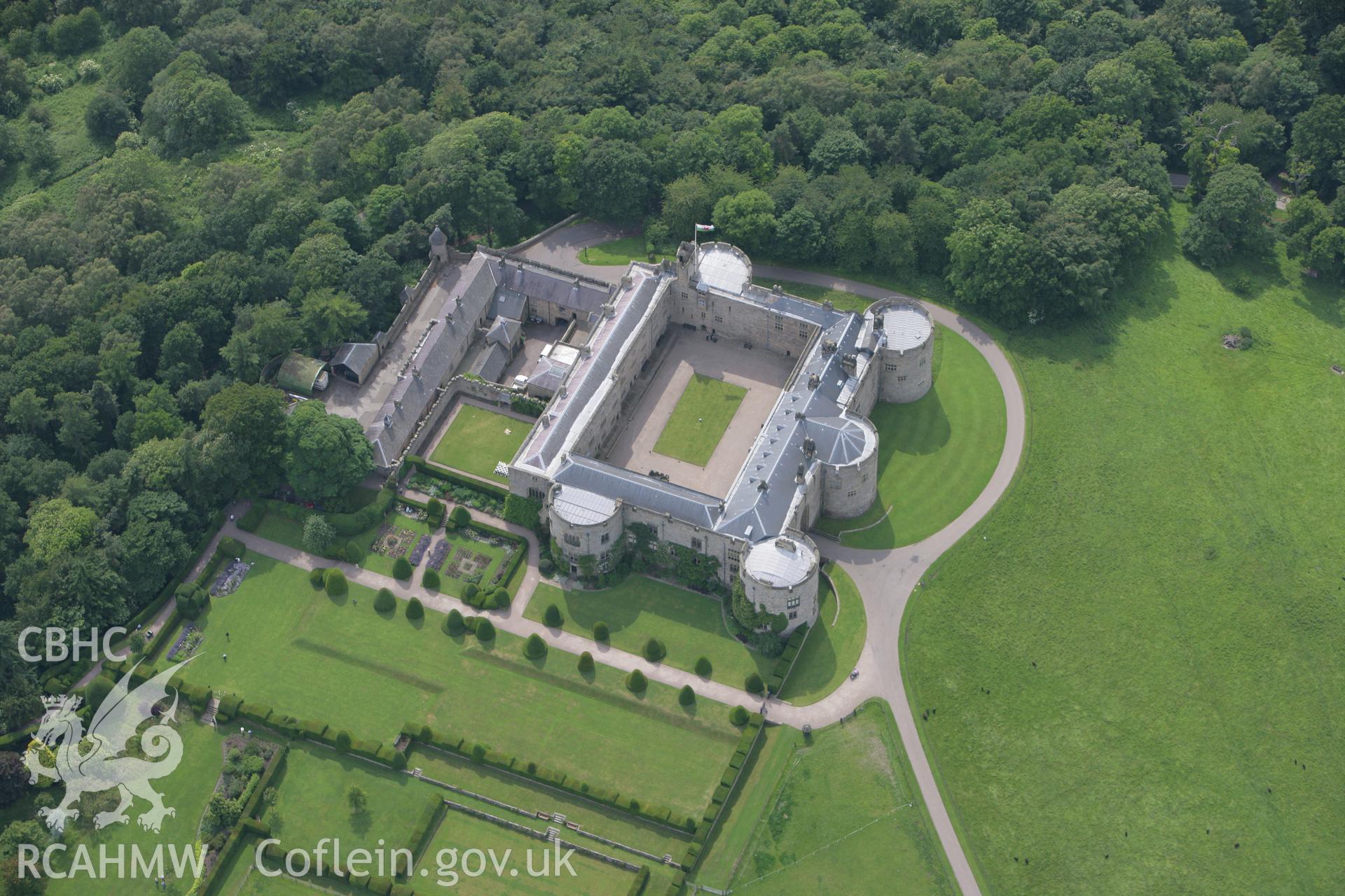 RCAHMW colour oblique photograph of Chirk Castle and gardens. Taken by Toby Driver on 01/07/2008.