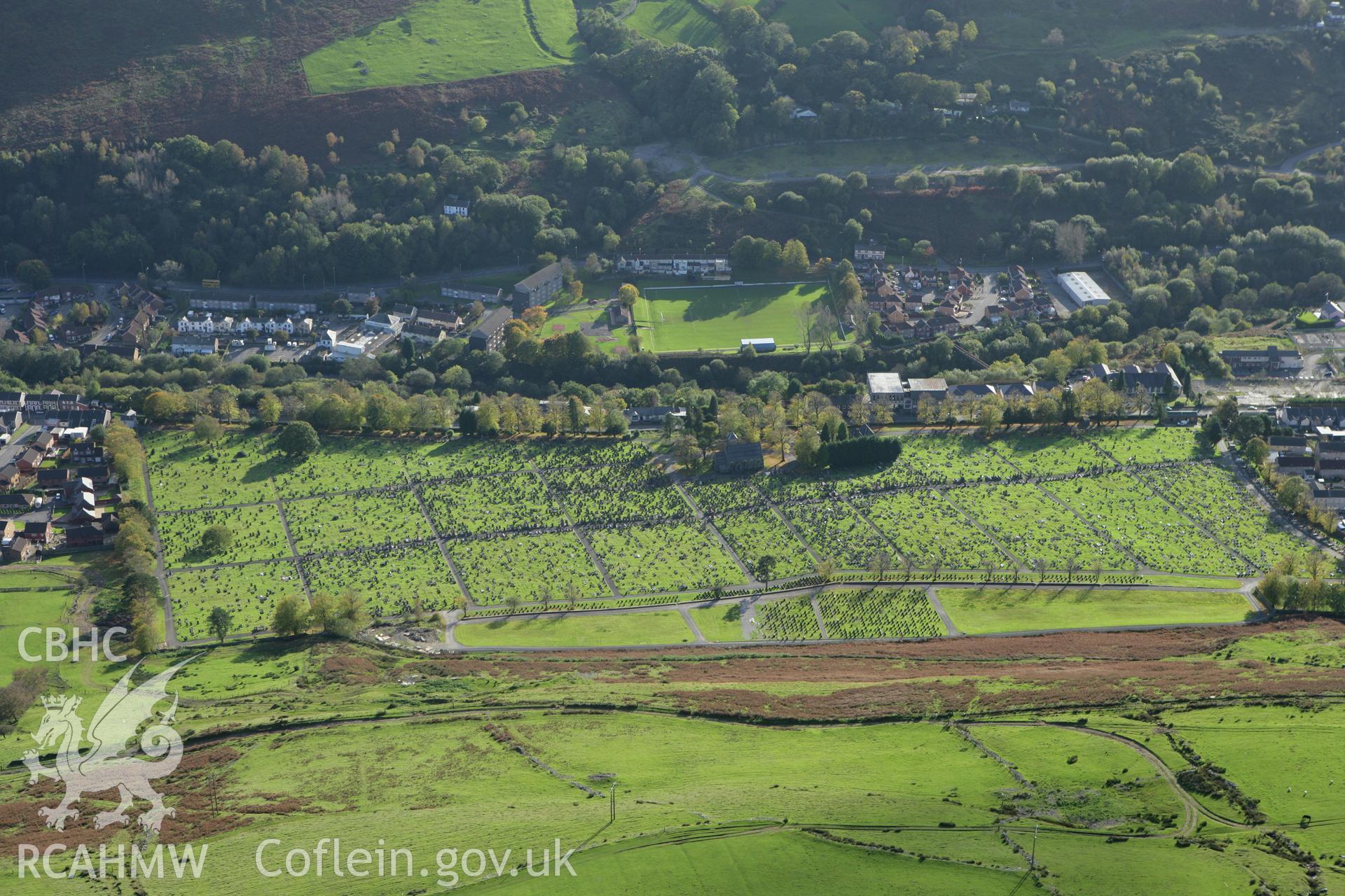 RCAHMW colour oblique photograph of Trealaw Cemetery, with mortuary chapel, Brithweunydd Road, Trealaw. Taken by Toby Driver on 16/10/2008.