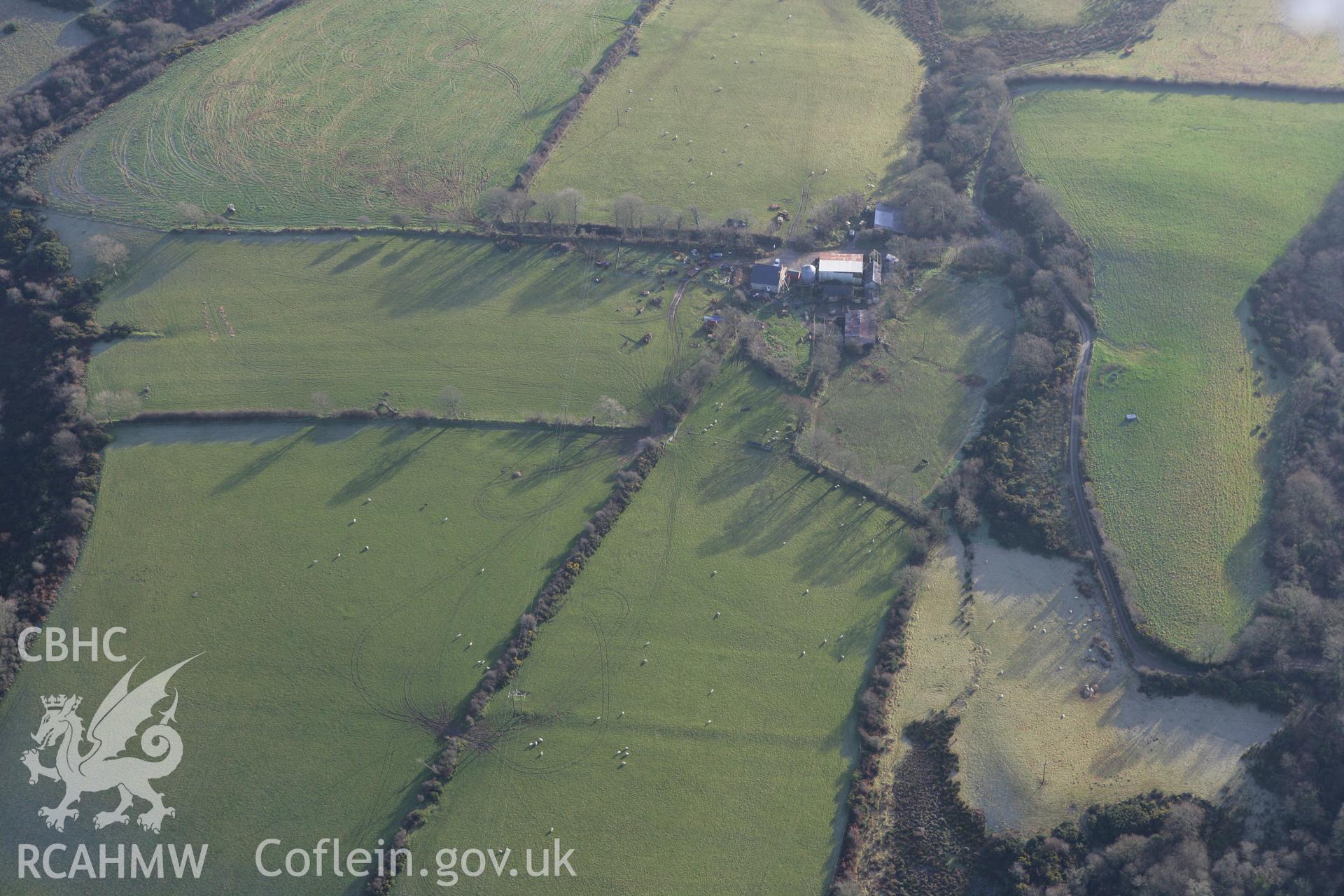 RCAHMW colour oblique photograph of Woodhawk Farm. Taken by Toby Driver on 15/12/2008.