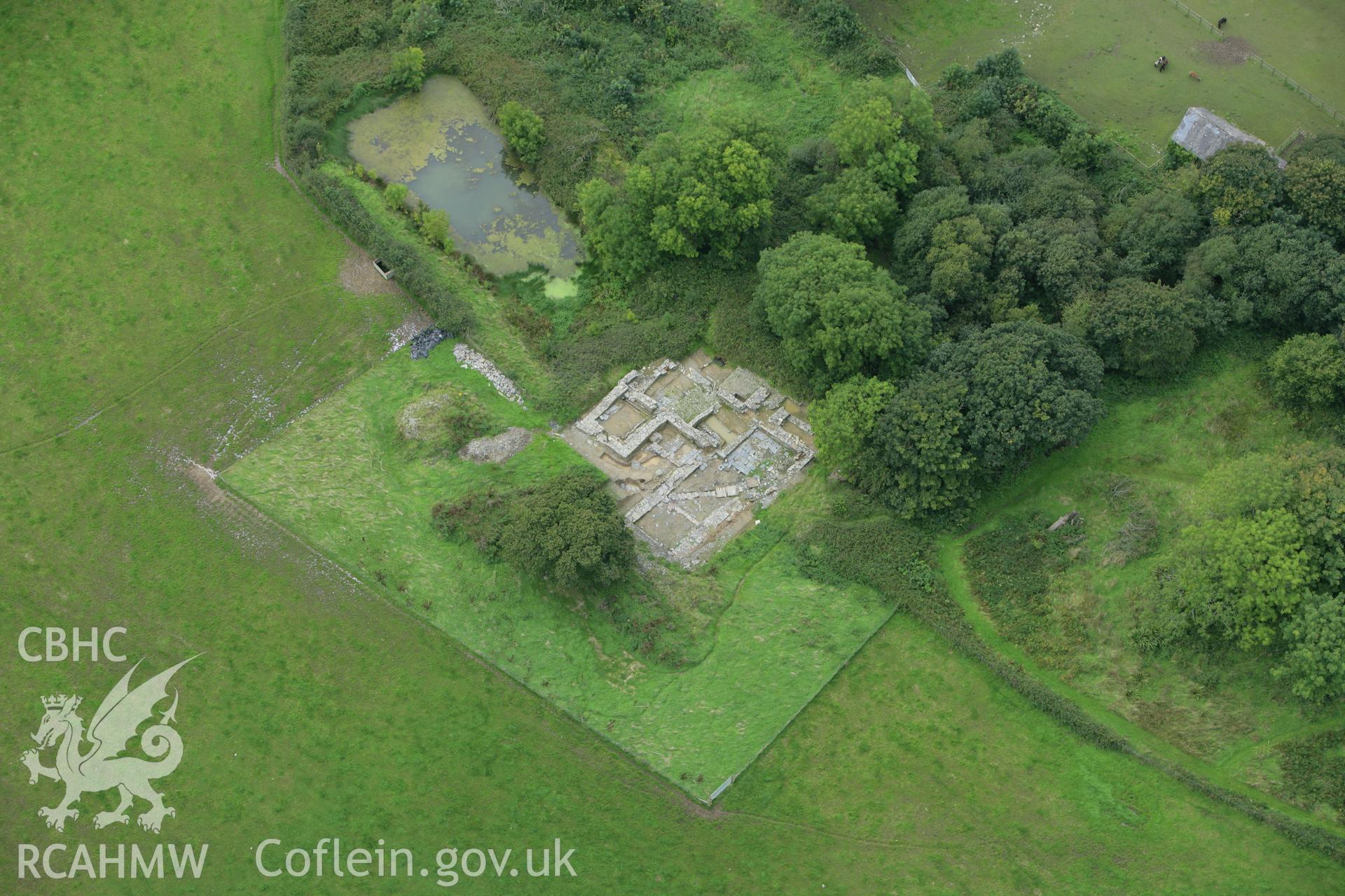 RCAHMW colour oblique photograph of Henllys Farm Excavations, home of George Owen. Taken by Toby Driver on 12/09/2008.