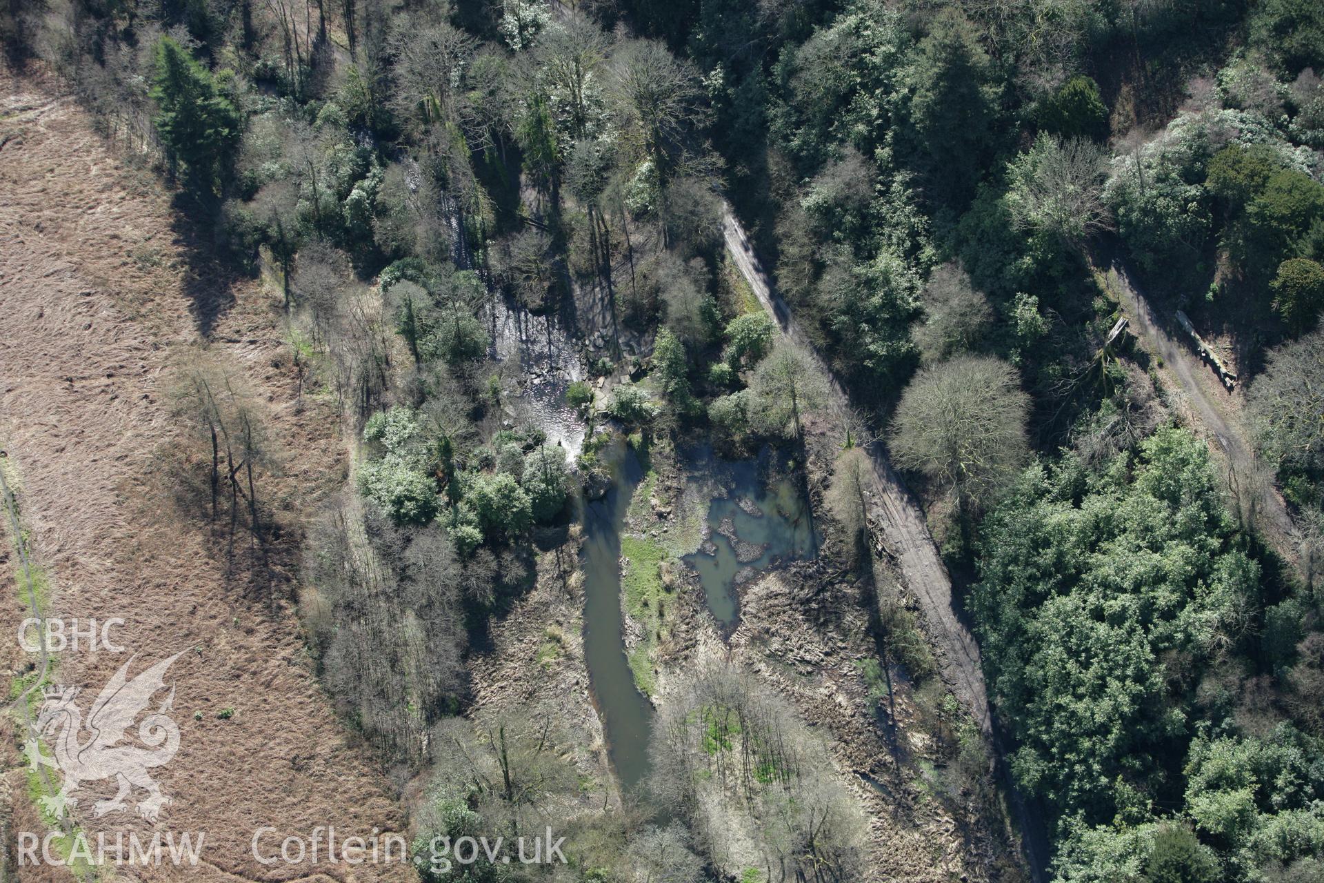 RCAHMW colour oblique photograph of Afon Llan to the east of Penbwl Wood, Penllergaer. Taken by Toby Driver on 04/03/2008.