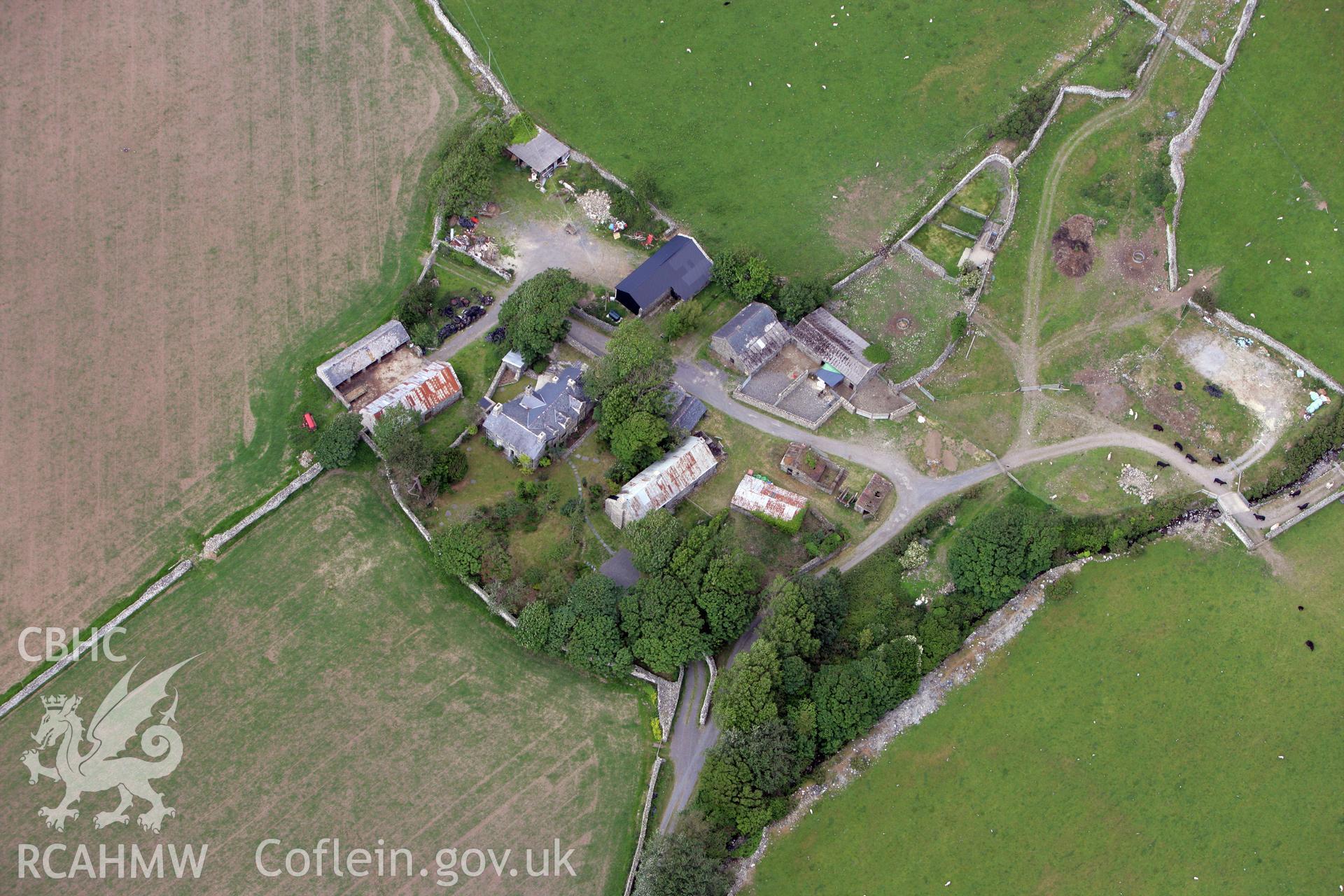 RCAHMW colour oblique photograph of Egrin Hall (Egrin Abbey), Llanaber. Taken by Toby Driver on 13/06/2008.