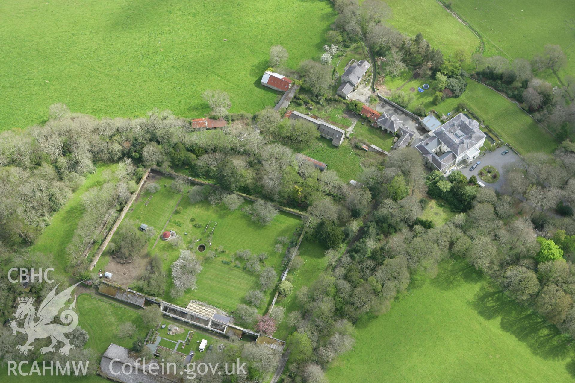RCAHMW colour oblique photograph of Penylan Mansion, Llandygwydd. Taken by Toby Driver on 24/04/2008.