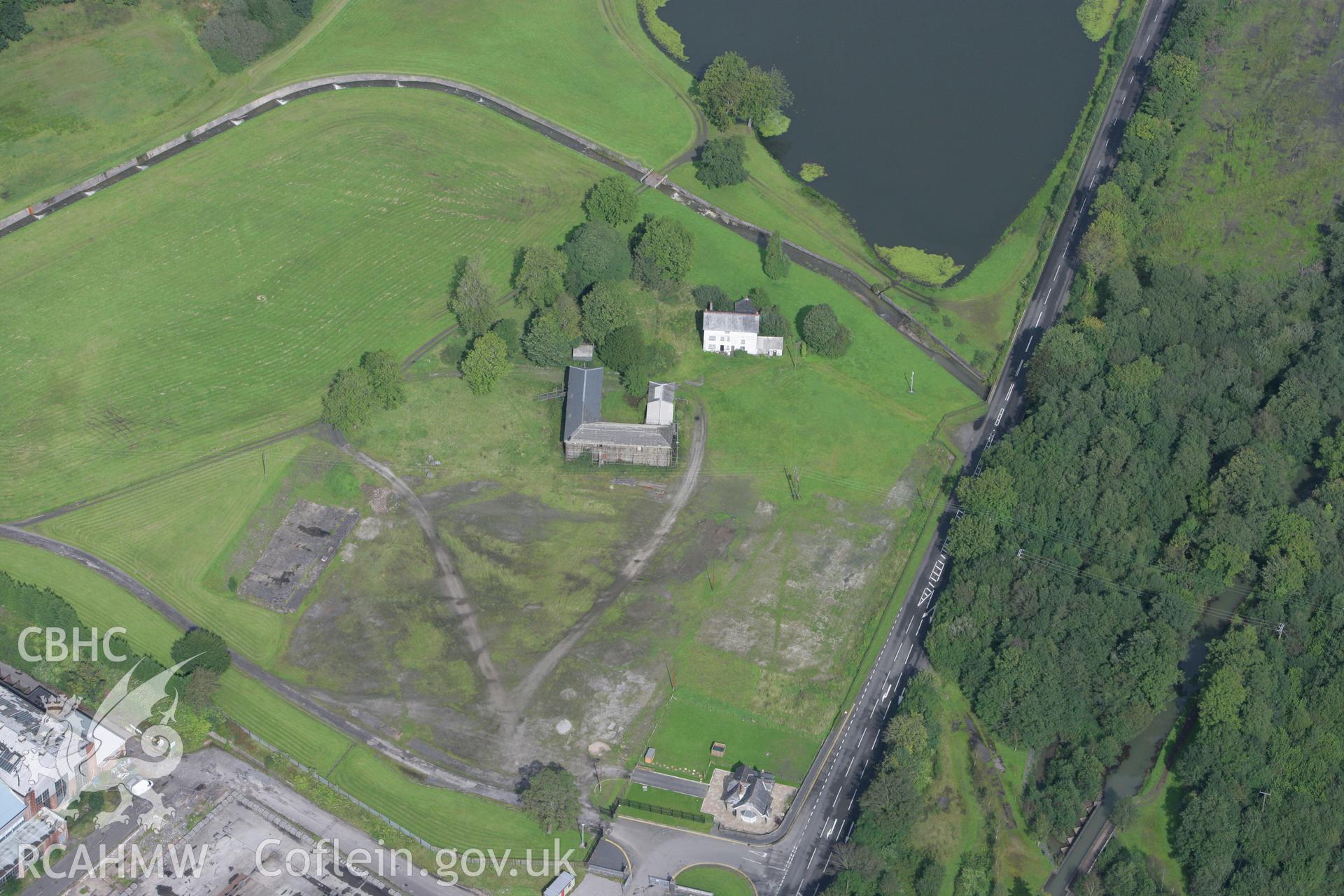 RCAHMW colour oblique photograph of the Stables and Coach House, Rheola House. Taken by Toby Driver on 12/09/2008.