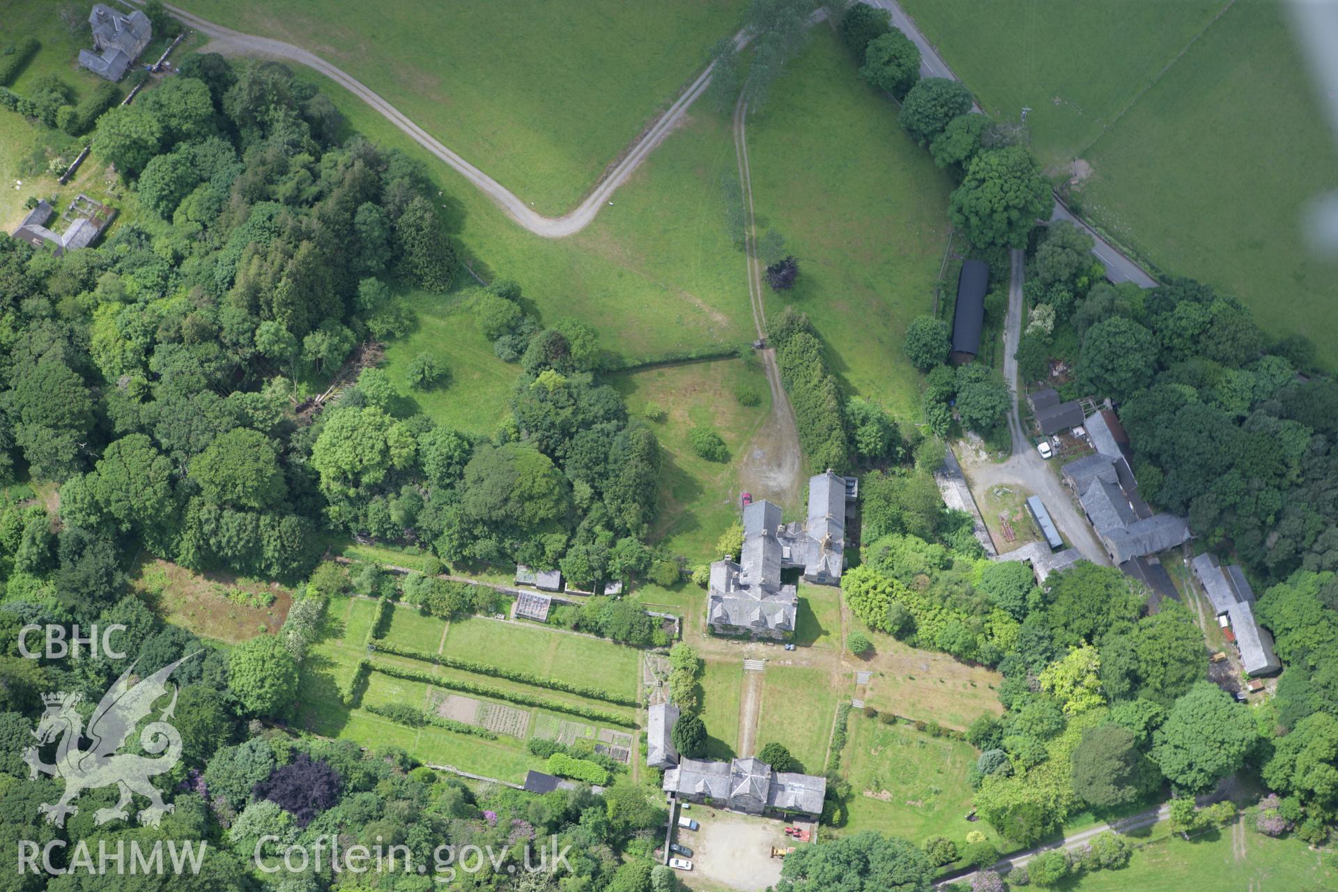 RCAHMW colour oblique photograph of Glyn Cywarch, house and gardens. Taken by Toby Driver on 13/06/2008.
