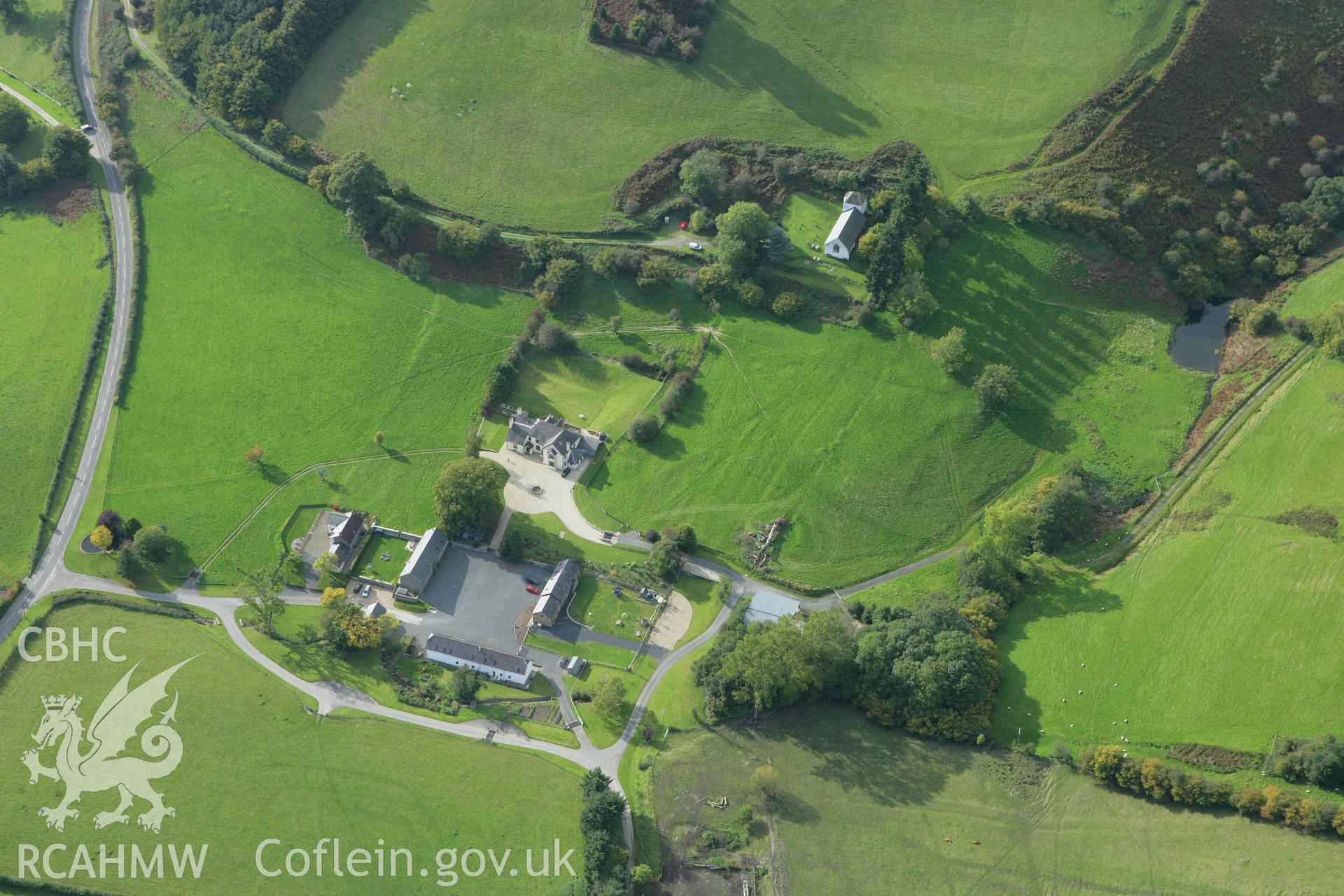 RCAHMW colour oblique photograph of St Mary's Church, Pilleth, with earthworks. Taken by Toby Driver on 10/10/2008.