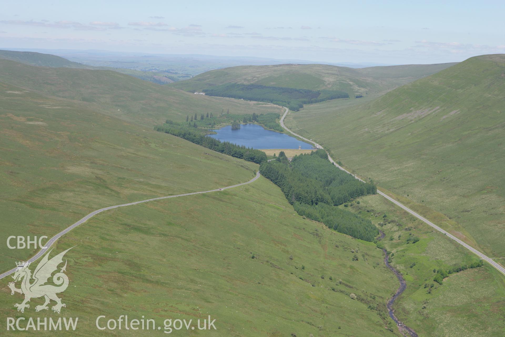 RCAHMW colour oblique photograph of Brecons Reservoir, Taff Fawr Reservoirs, Cardiff Waterworks. Taken by Toby Driver on 09/06/2008.