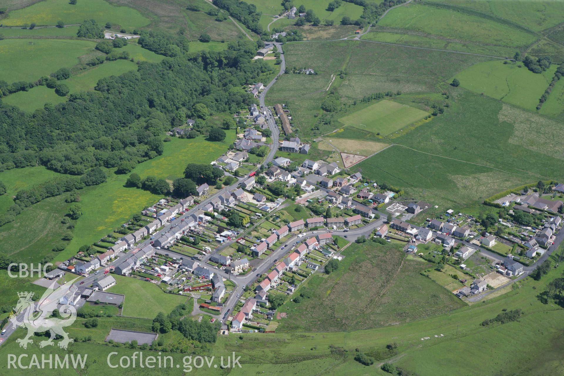 RCAHMW colour oblique photograph of Coelbren village, from the east. Taken by Toby Driver on 09/06/2008.