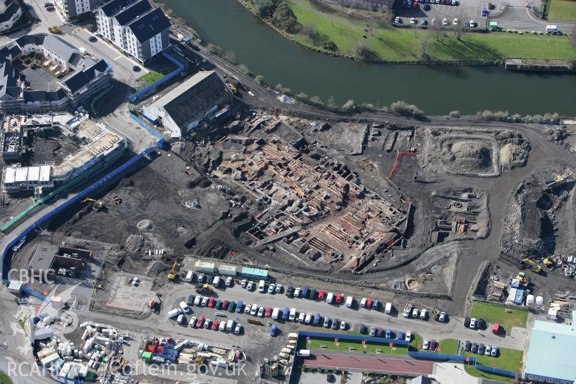 RCAHMW colour oblique photograph of Upper Bank Copperworks, Swansea, during excavations. Taken by Toby Driver on 04/03/2008.
