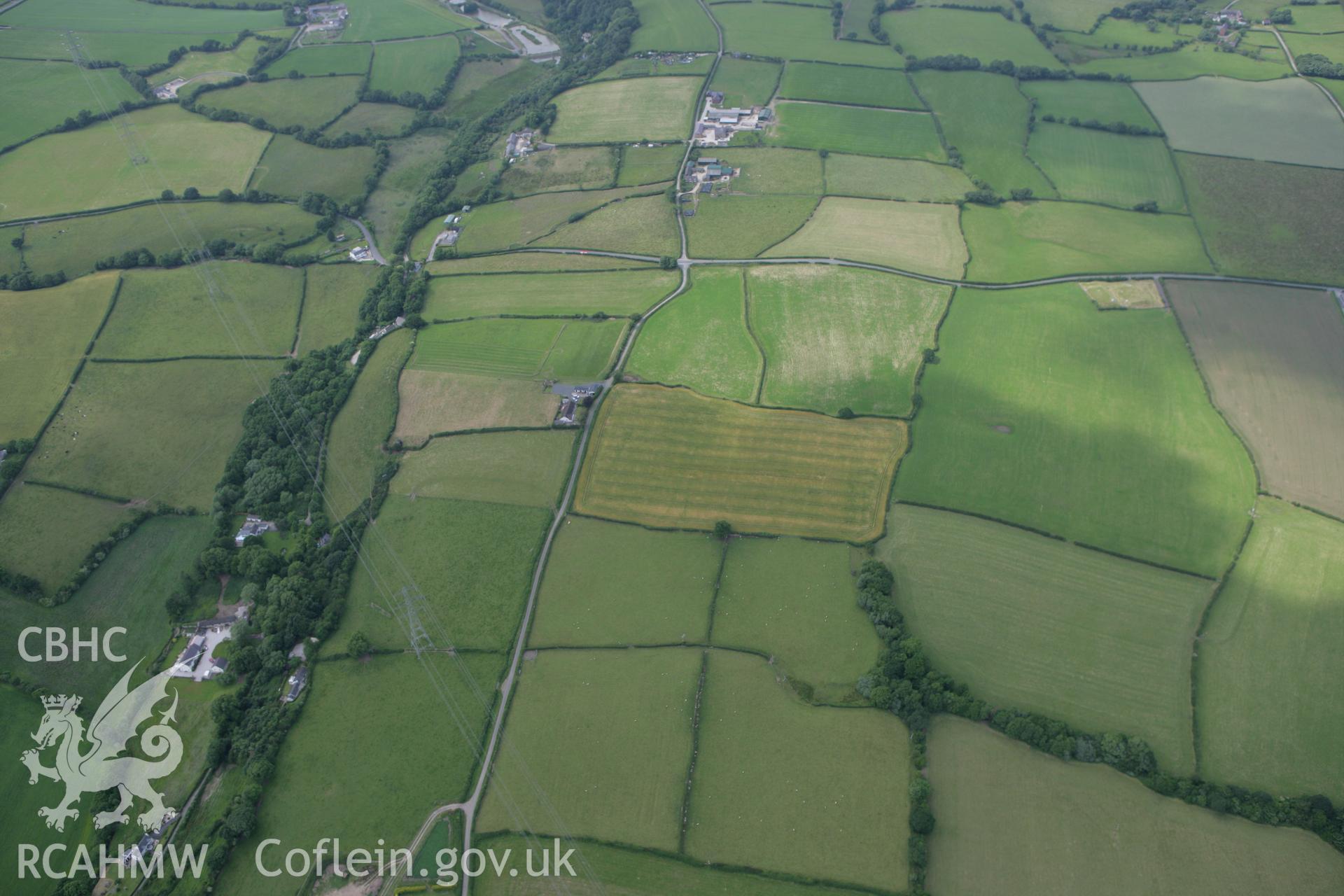 RCAHMW colour oblique photograph of non-archaeological cropmarks. Taken by Toby Driver on 01/07/2008.
