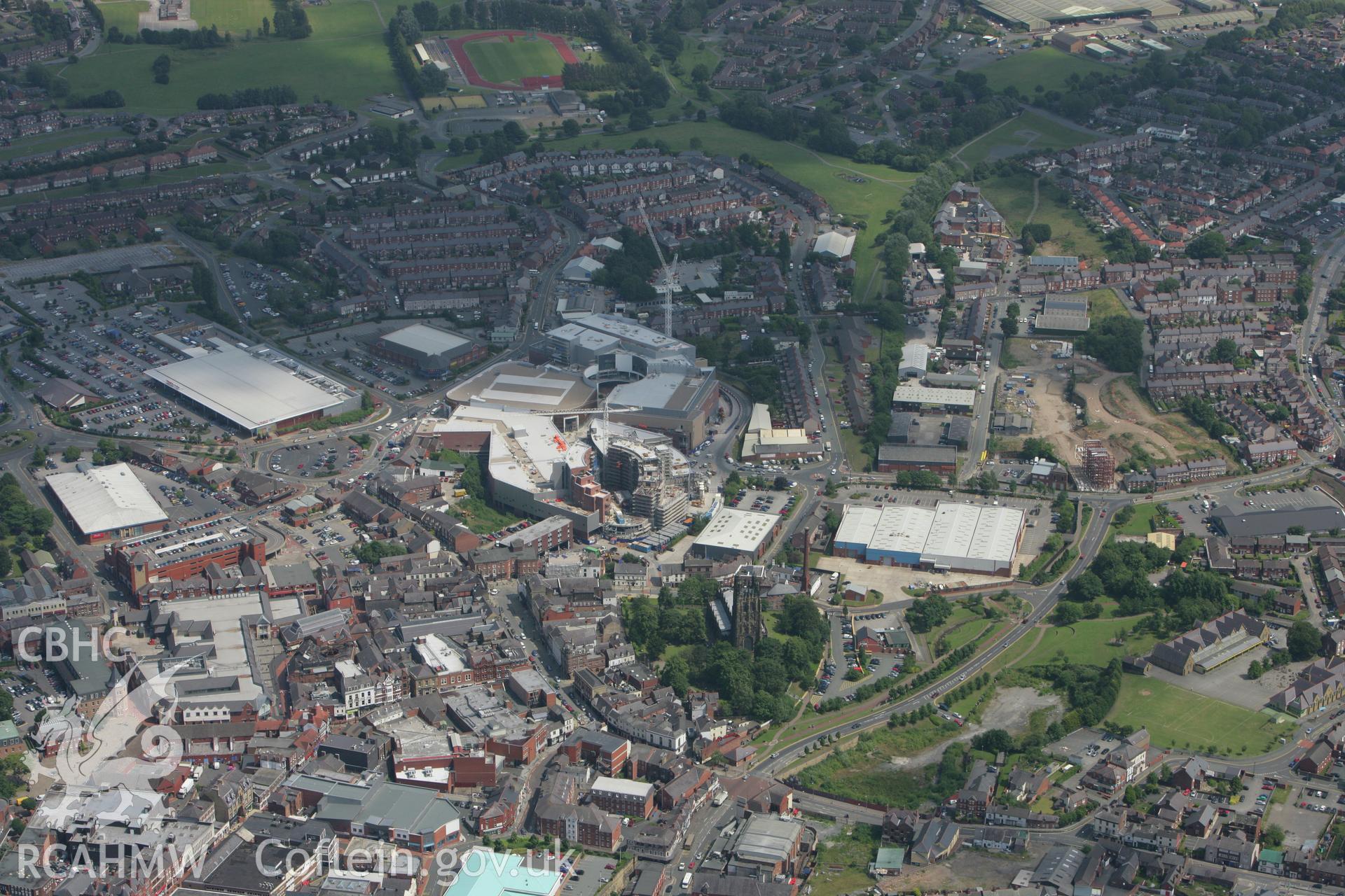 RCAHMW colour oblique photograph of Eagles Meadow Shopping Centre, Wrexham, under construction. Taken by Toby Driver on 01/07/2008.