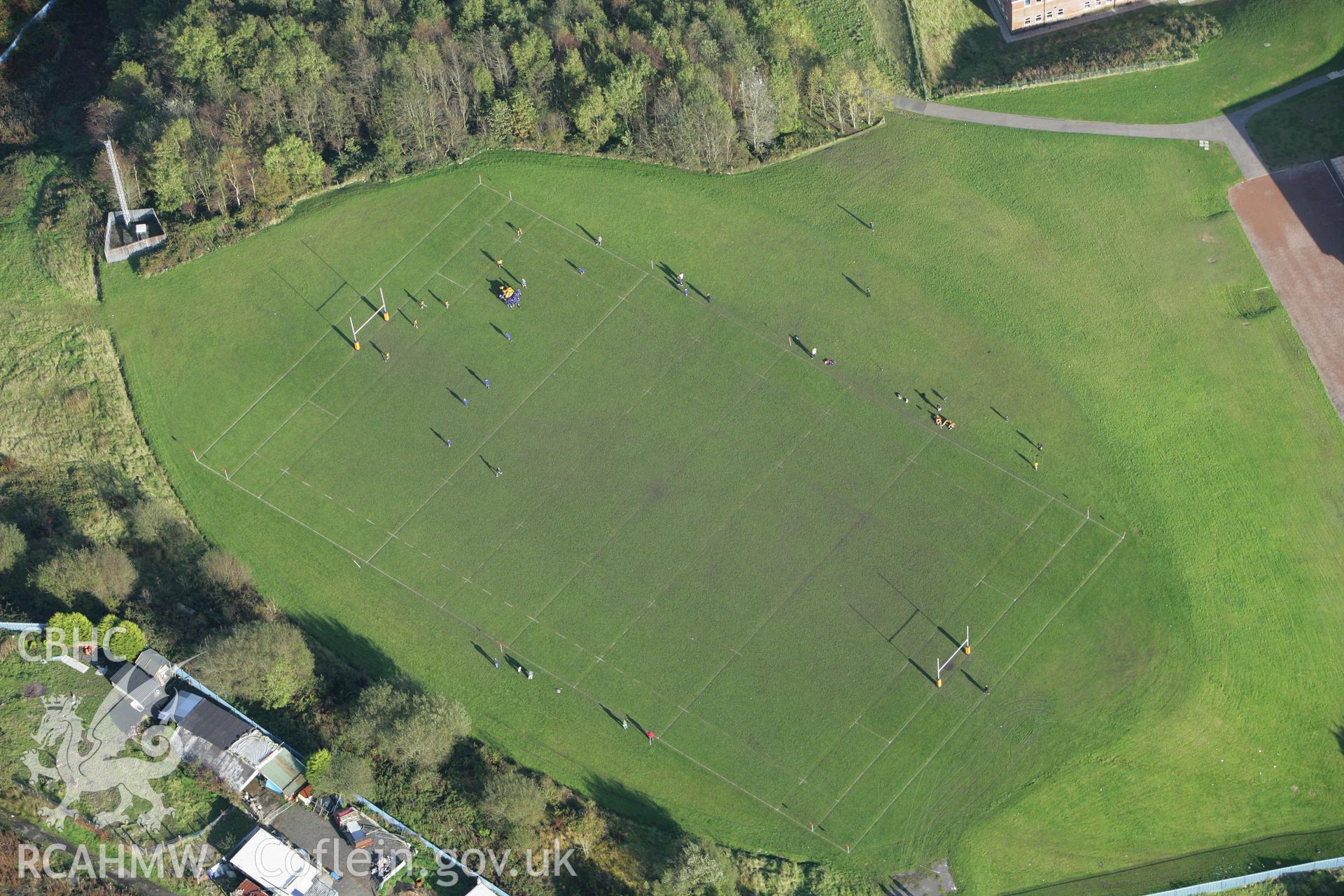 RCAHMW colour oblique photograph of rugby match, Ysgol Gyfun Cymer Rhondda. Taken by Toby Driver on 16/10/2008.