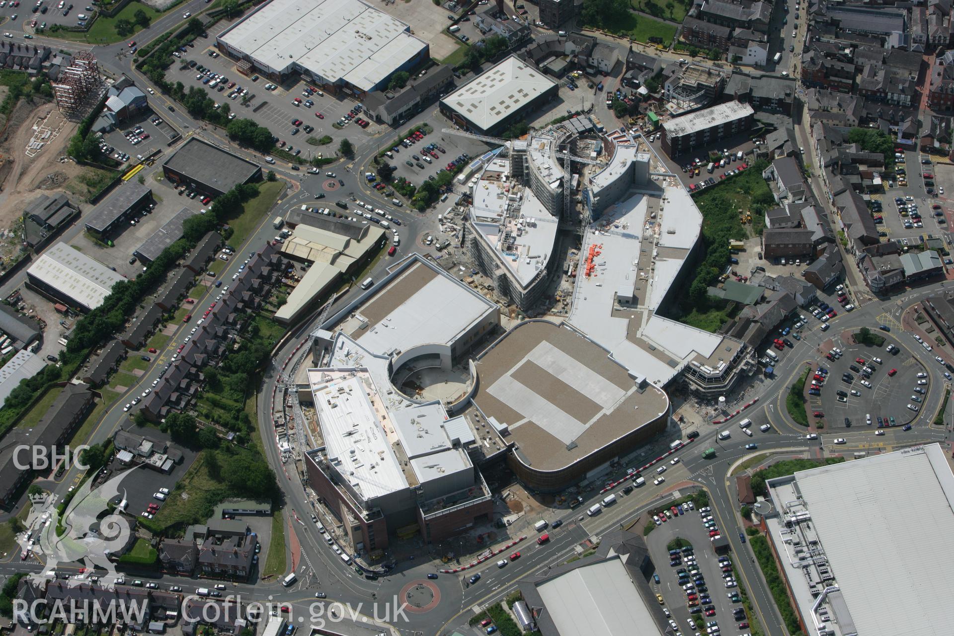 RCAHMW colour oblique photograph of Eagles Meadow Shopping Centre, Wrexham, under construction. Taken by Toby Driver on 01/07/2008.