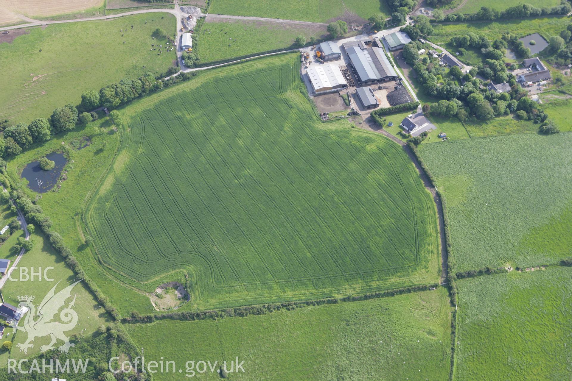 RCAHMW colour oblique photograph of Manian-Fawr, barrow cropmark. Taken by Toby Driver on 13/06/2008.