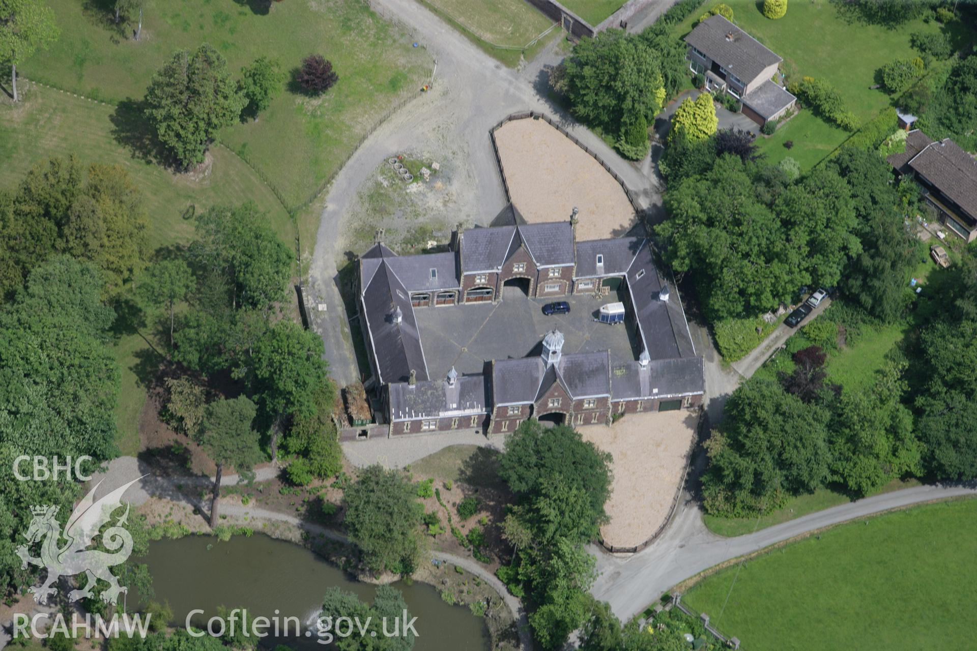 RCAHMW colour oblique photograph of Leighton Hall Stables. Taken by Toby Driver on 01/07/2008.