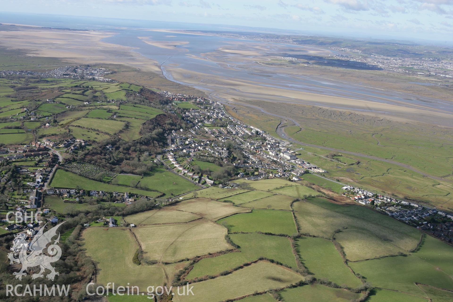 RCAHMW colour oblique photograph of Pen-clawdd village, from the east. Taken by Toby Driver on 04/03/2008.