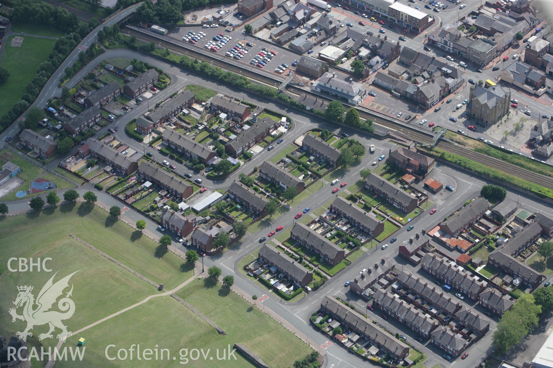 RCAHMW colour oblique photograph of housing in the Castle Dyke Street to Corporation Street area, Flint. Taken by Toby Driver on 01/07/2008.