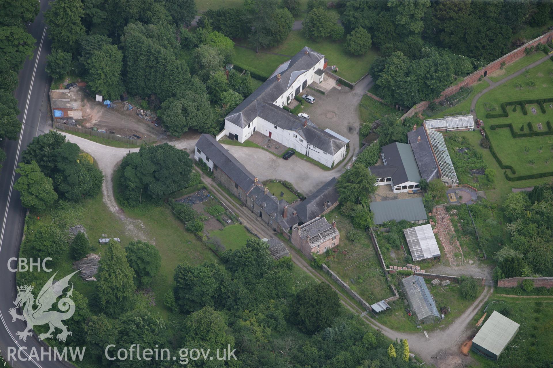 RCAHMW colour oblique photograph of former Coach House and Stables, Hawarden Castle estate. Taken by Toby Driver on 01/07/2008.