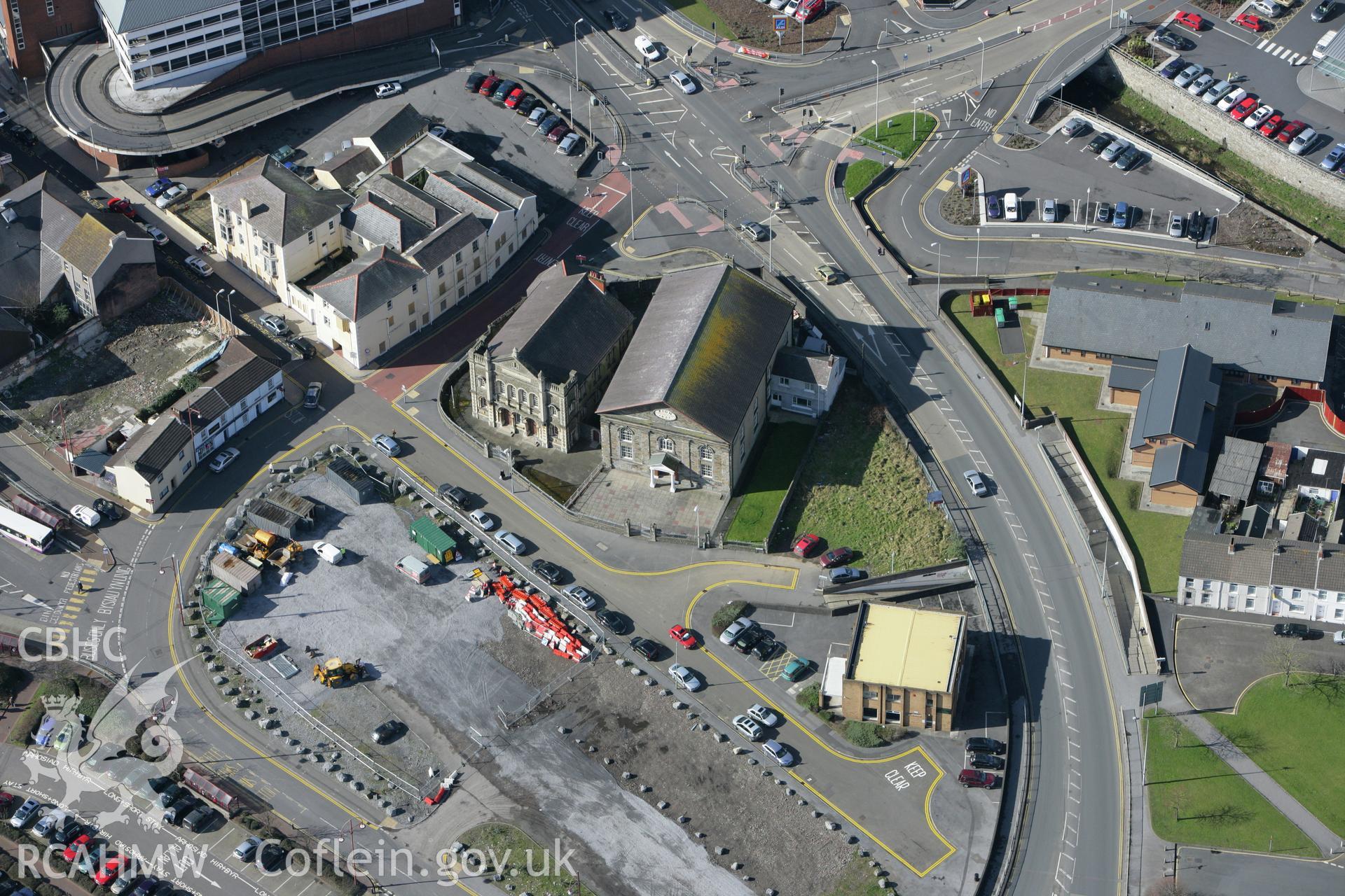 RCAHMW colour oblique photograph of Zion Welsh Baptist Chapel and the Stepney Arms Hotel (now demolished), Llanelli. Taken by Toby Driver on 04/03/2008.