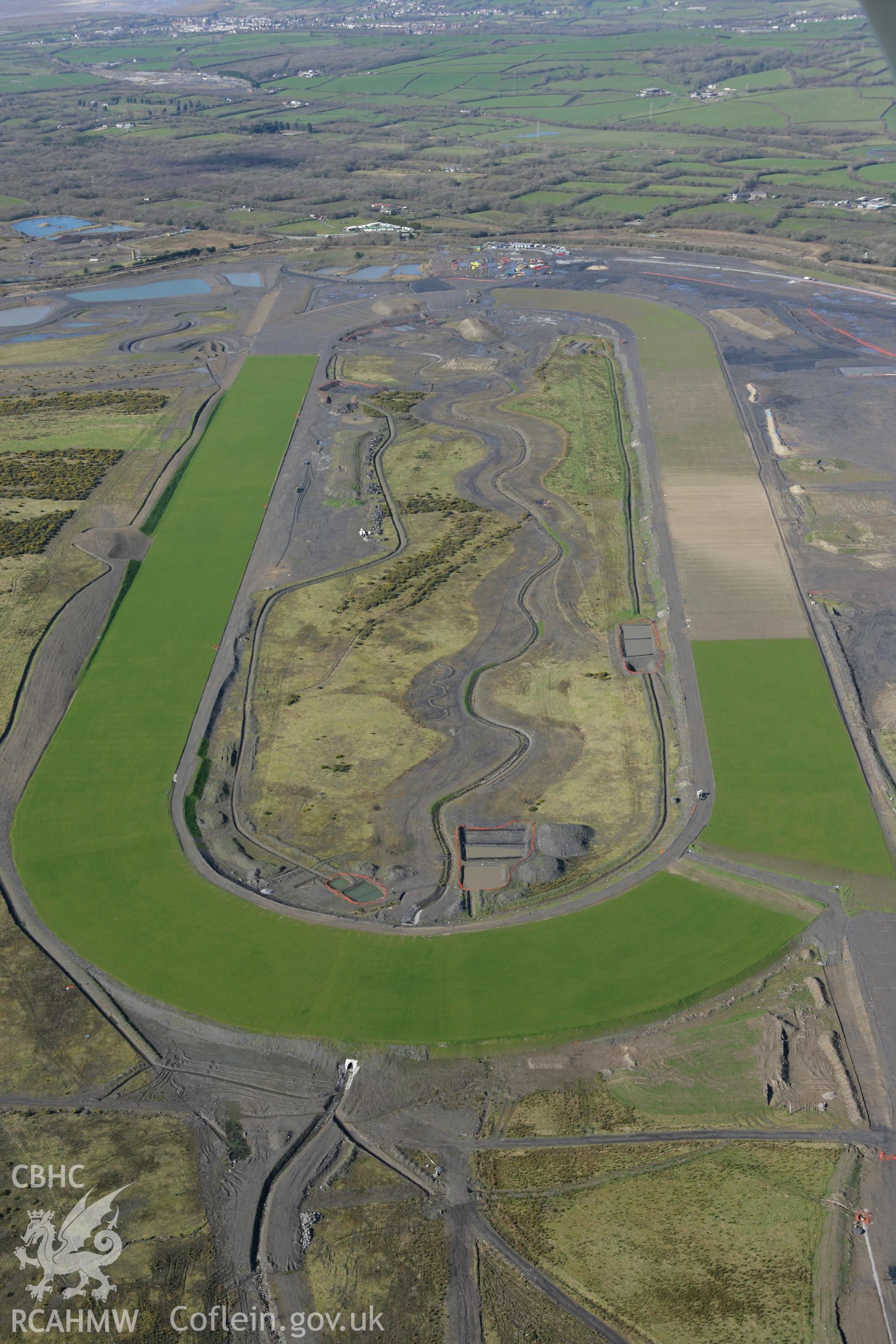 RCAHMW colour oblique photograph of Ffos Las Racecourse, during constuction. Taken by Toby Driver on 04/03/2008.