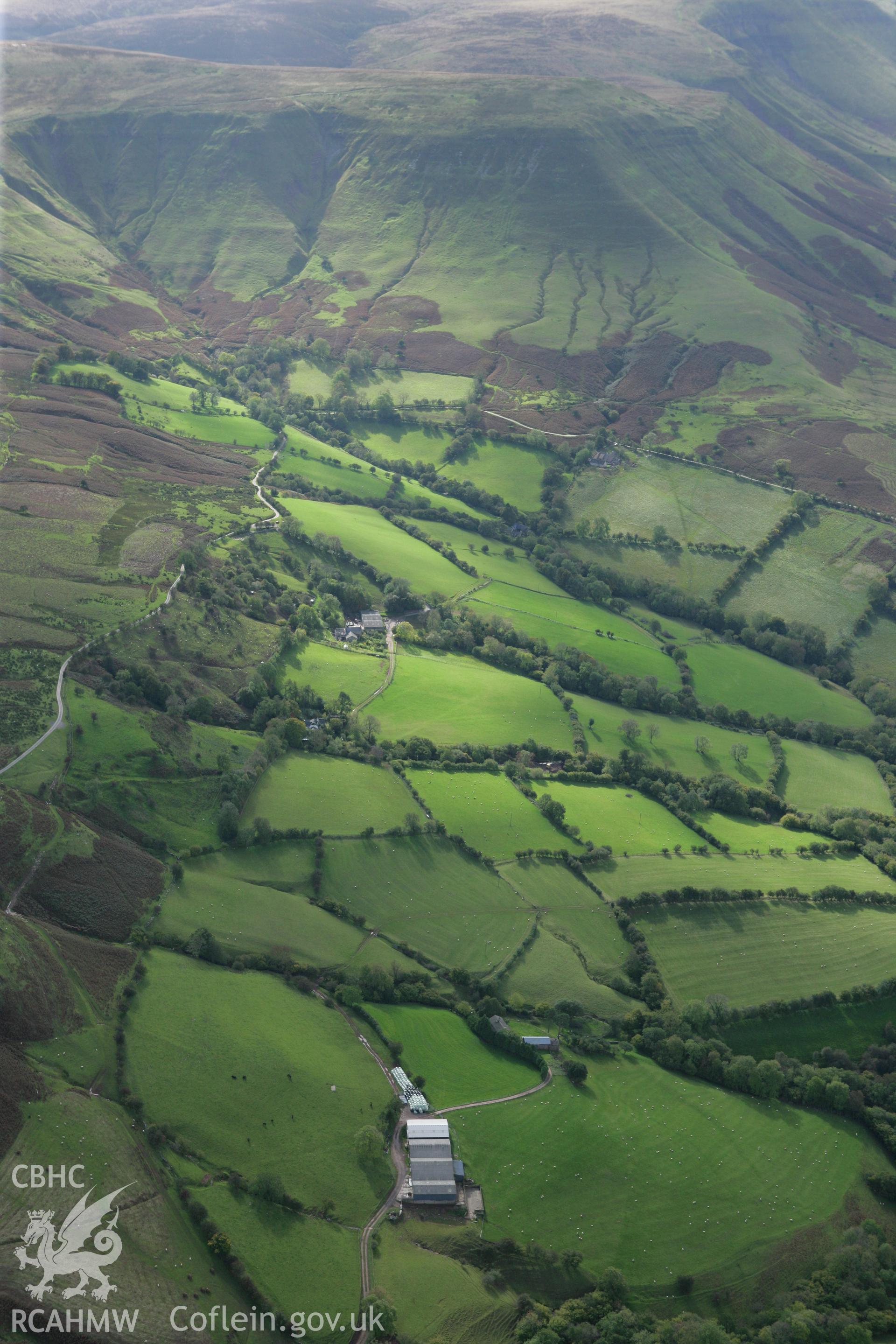 RCAHMW colour oblique photograph of landscape looking south from Blaendigedi-uchaf towards the Black Mountains. Taken by Toby Driver on 10/10/2008.