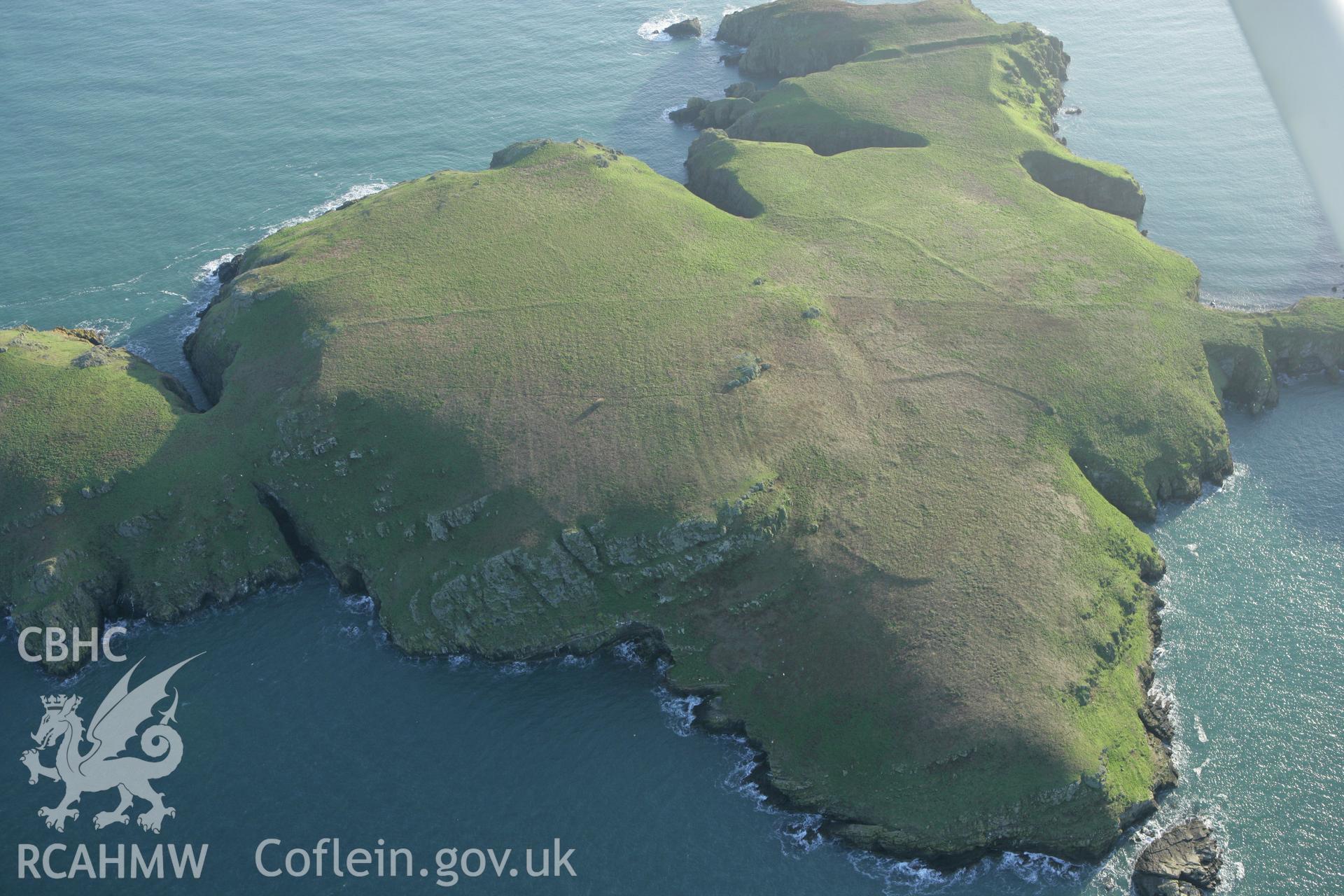 RCAHMW colour oblique photograph of The Neck field systems, and South Castle Promontory fort, Skomer. Taken by Toby Driver on 04/03/2008.