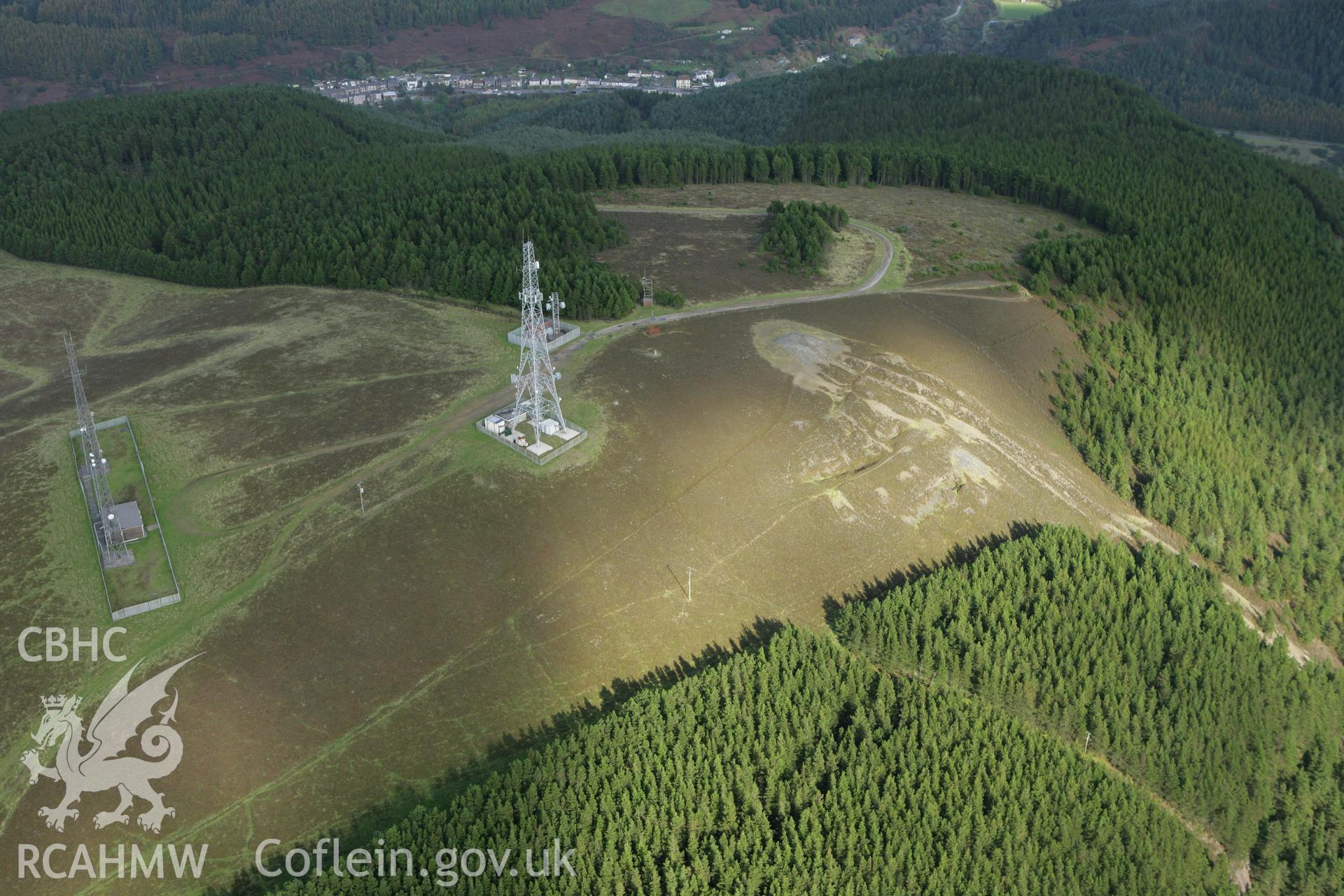 RCAHMW colour oblique photograph of Foel Fynyddau Cairn and the Cwmafan Copper Works Flue. Taken by Toby Driver on 16/10/2008.