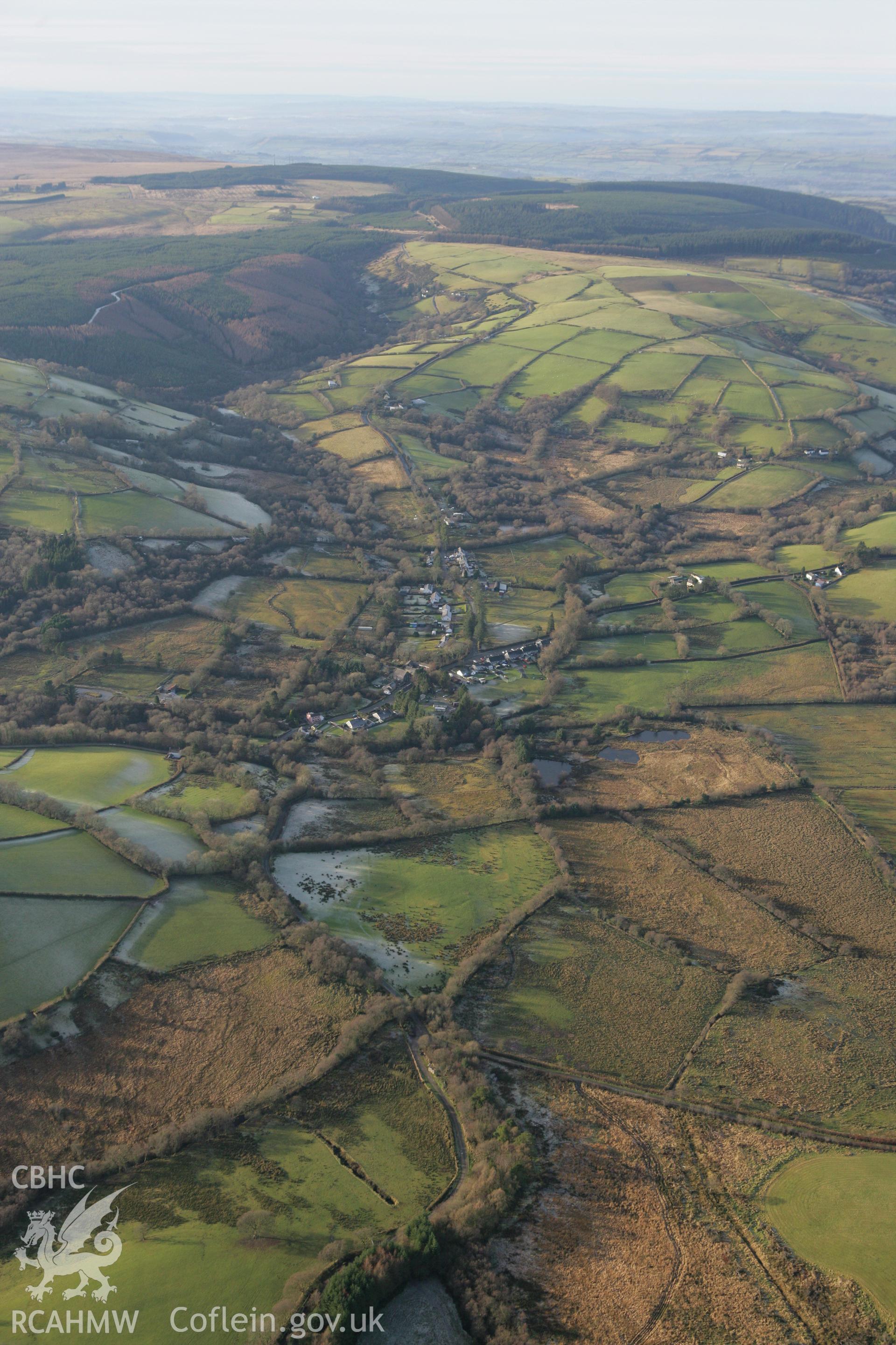 RCAHMW colour oblique photograph of Rhydcymerau village. Taken by Toby Driver on 15/12/2008.