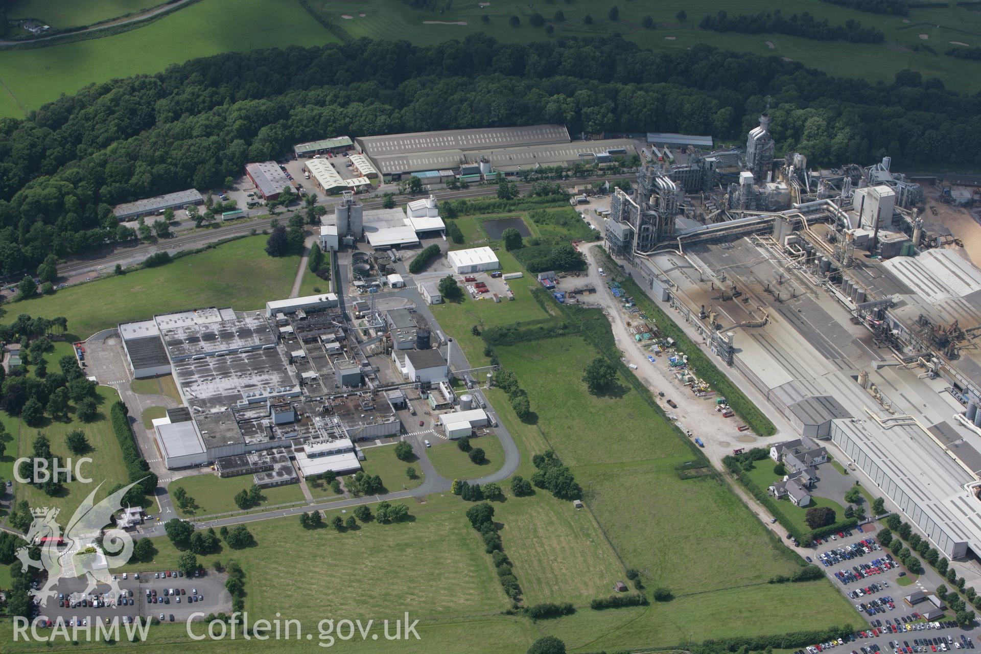 RCAHMW colour oblique photograph of Woodchip factory, Chirk. Taken by Toby Driver on 01/07/2008.