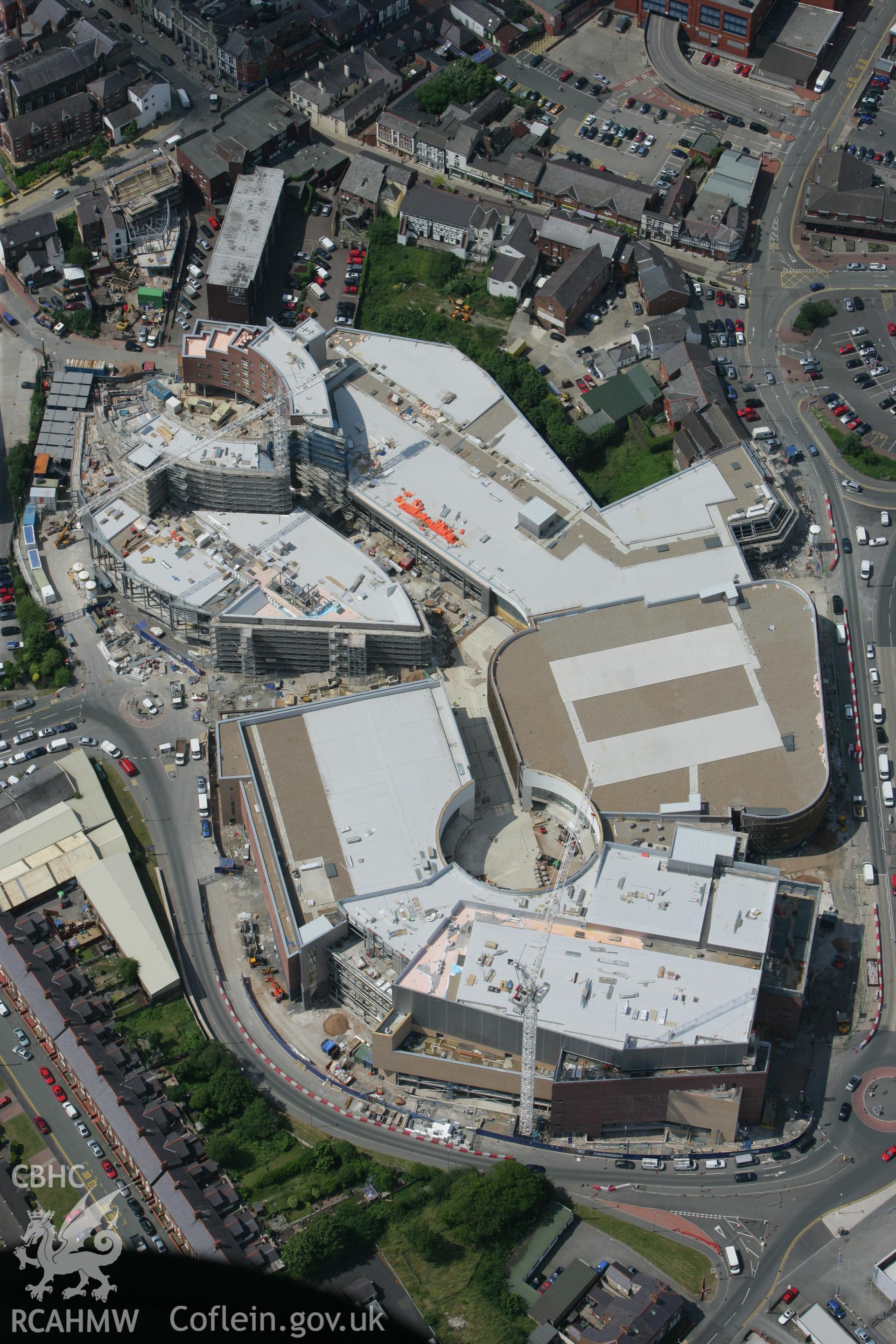 RCAHMW colour oblique photograph of Eagles Meadow Shopping Centre, Wrexham, under construction. Taken by Toby Driver on 01/07/2008.