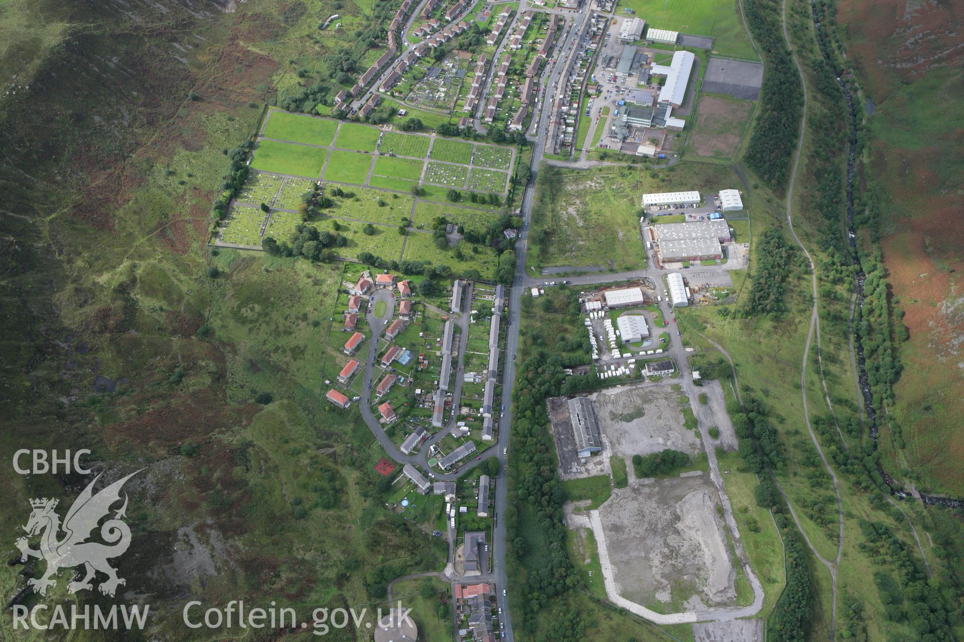 RCAHMW colour oblique photograph of Ferndale Cemetery, with cemetery chapel. Taken by Toby Driver on 12/09/2008.