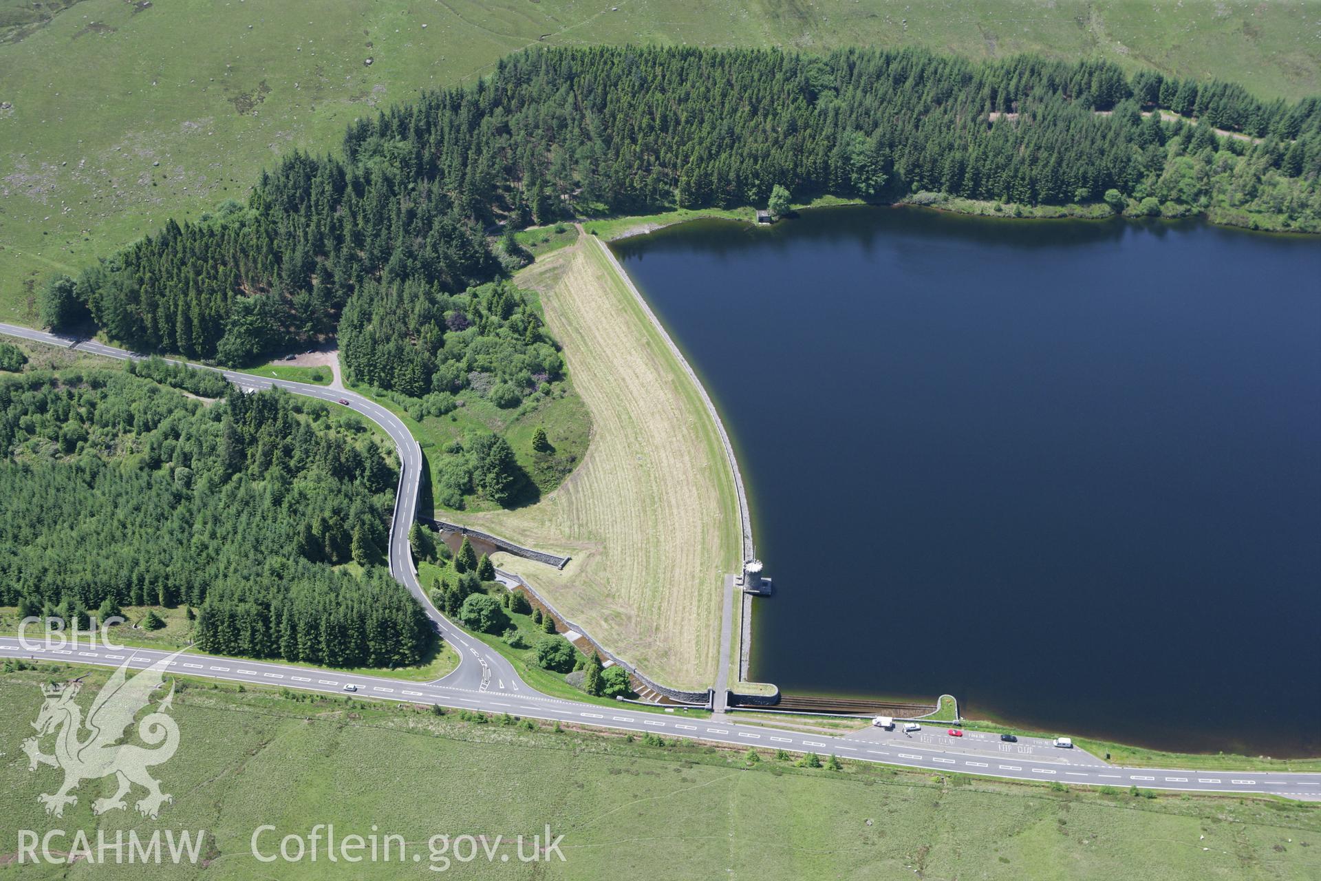 RCAHMW colour oblique photograph of Brecons Reservoir, Taff Fawr Reservoirs, Cardiff Waterworks. Taken by Toby Driver on 09/06/2008.