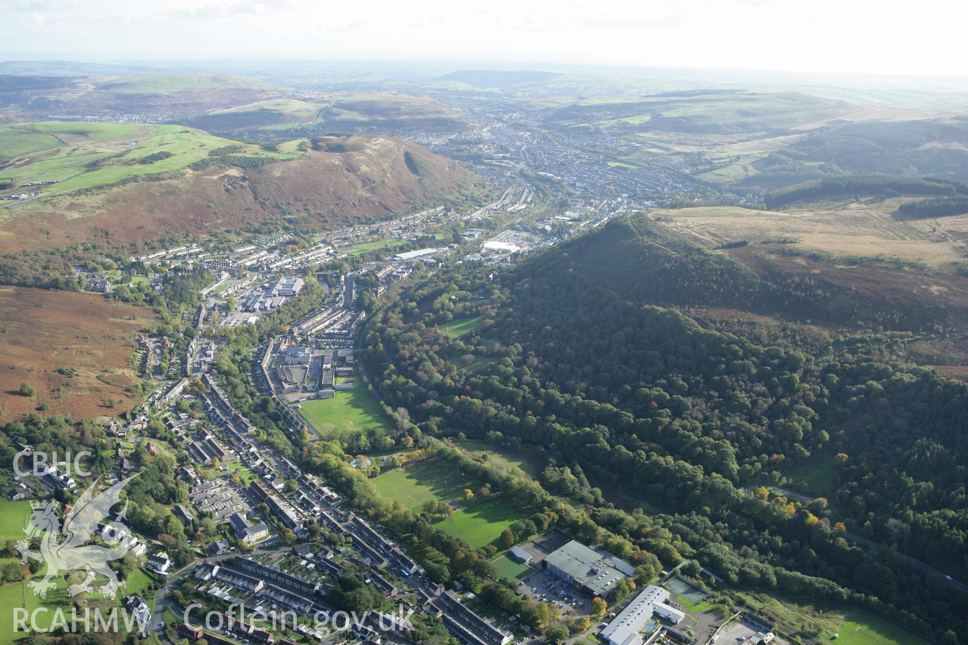 RCAHMW colour oblique photograph of Llwynypia, looking north-east along the Rhondda Valley. Taken by Toby Driver on 16/10/2008.