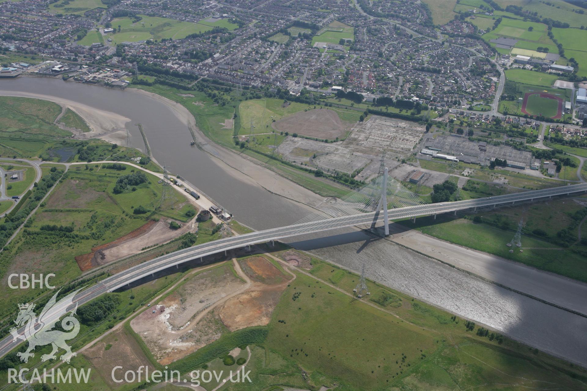 RCAHMW colour oblique photograph of Connah's Quay Road Bridge. Taken by Toby Driver on 01/07/2008.
