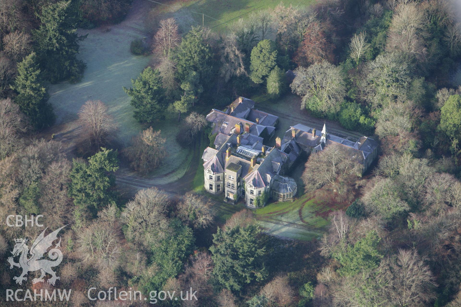 RCAHMW colour oblique photograph of Cilgwyn Mansion and Gardens. Taken by Toby Driver on 15/12/2008.