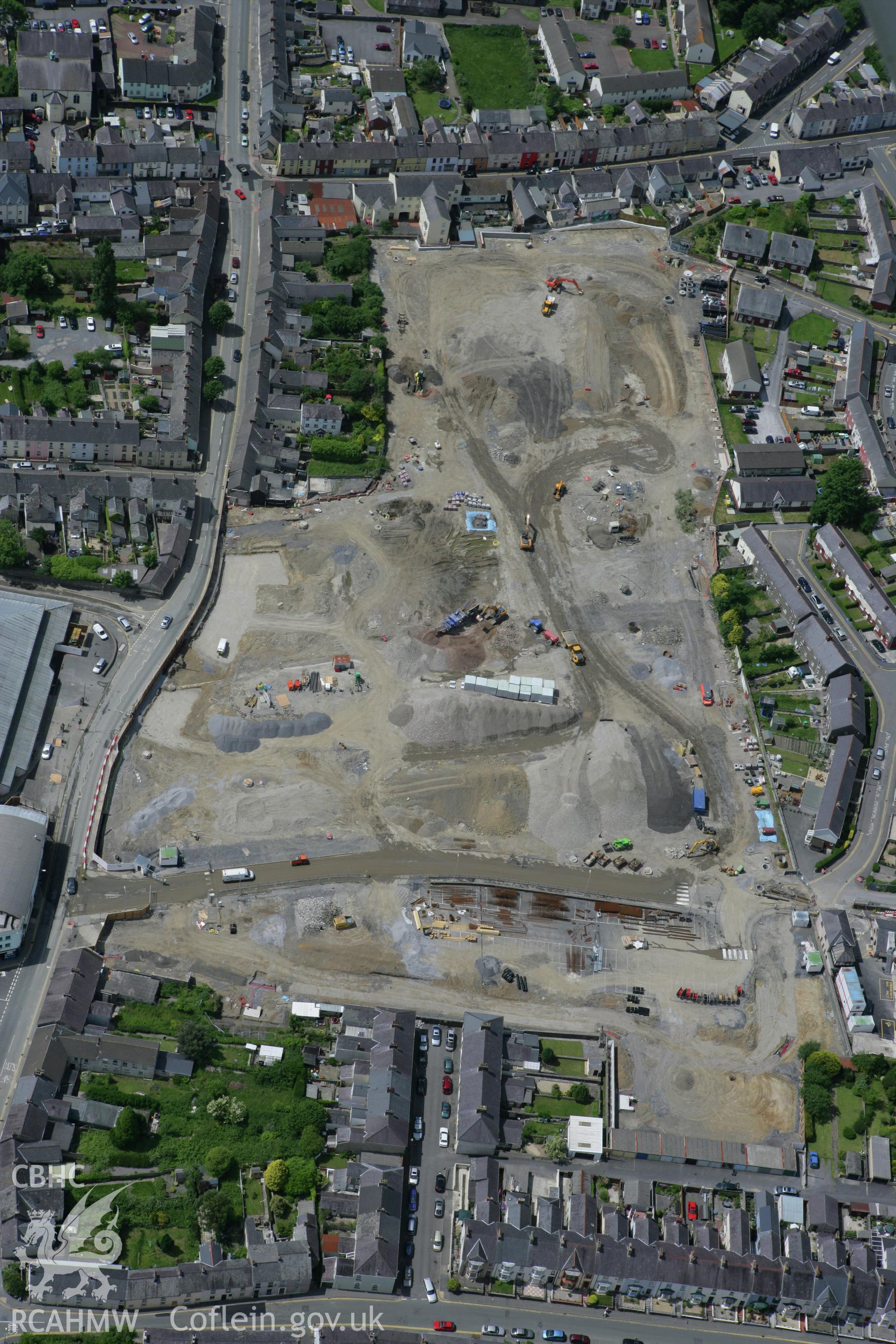 RCAHMW colour oblique photograph of redevelopment at St. Catherine Street, Carmarthen, for St Catherine's Walk shopping centre. Taken by Toby Driver on 09/06/2008.
