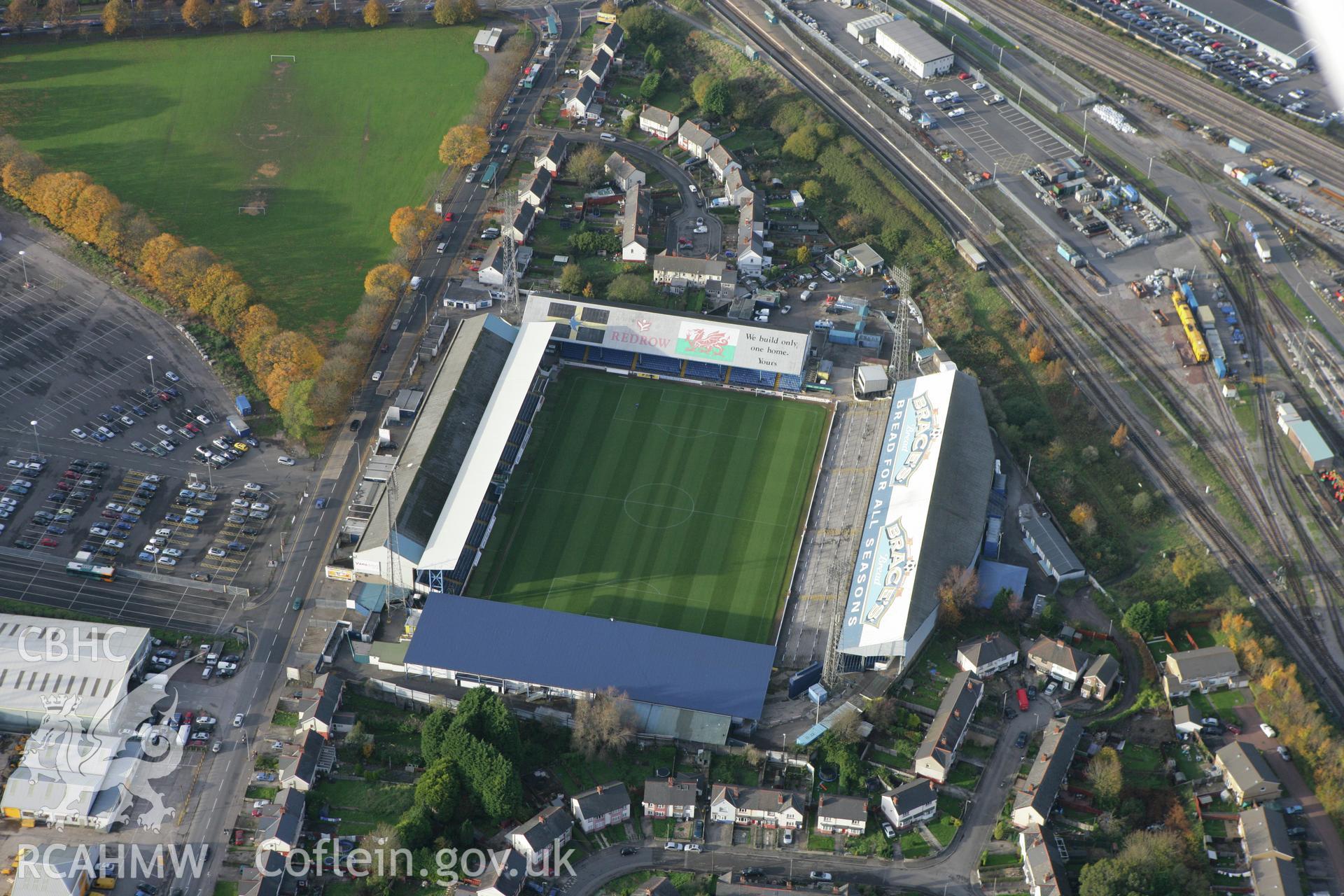 RCAHMW colour oblique photograph of Ninian Park Stadium. Taken by Toby Driver on 12/11/2008.