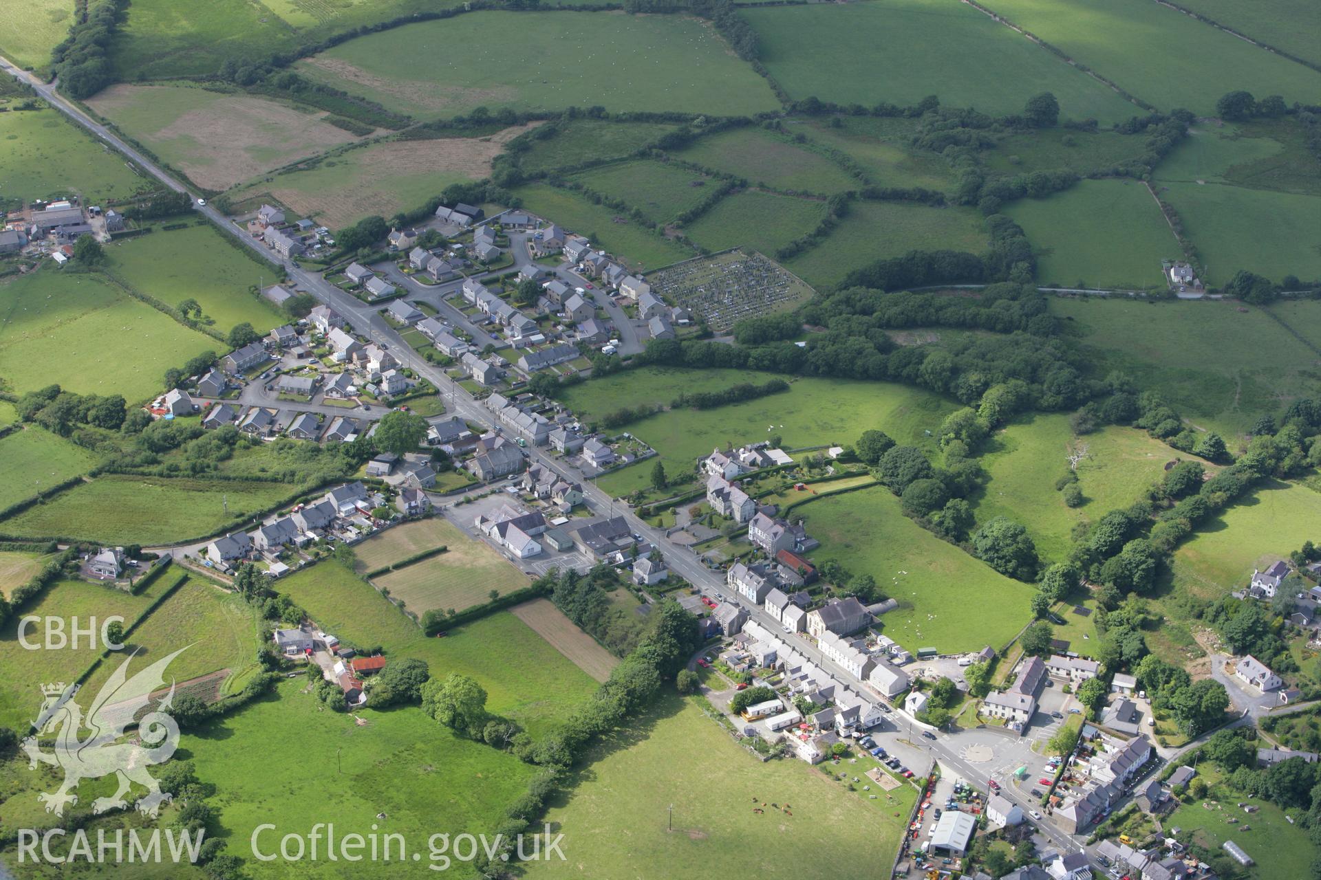 RCAHMW colour oblique photograph of Chwilog village, view from the south-east. Taken by Toby Driver on 13/06/2008.
