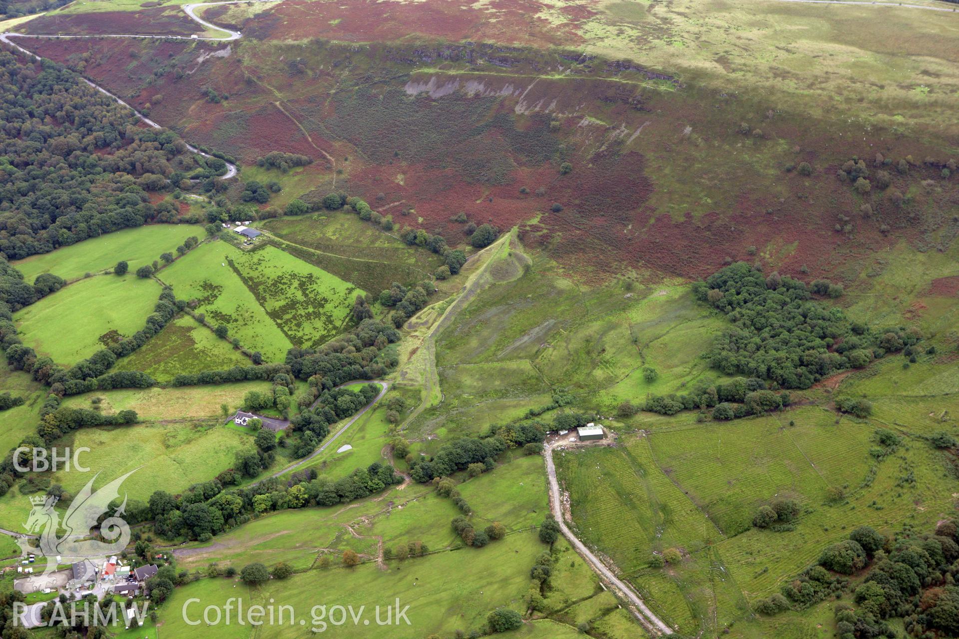 RCAHMW colour oblique photograph of Coal drift workings and tramway, Llwynhelig Colliery. Taken by Toby Driver on 12/09/2008.