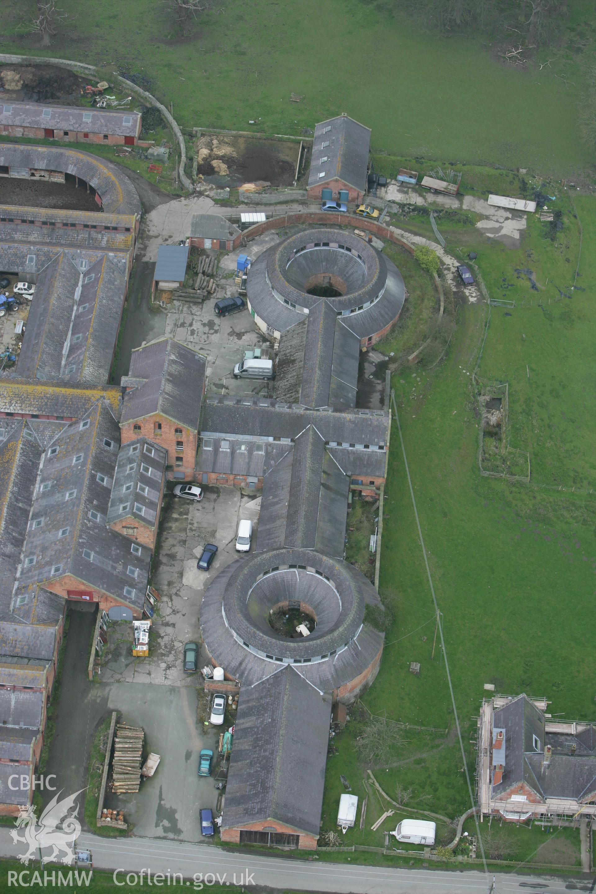 RCAHMW colour oblique photograph of Leighton Model Farm, Leighton Estate, Welshpool. Taken by Toby Driver on 16/04/2008.