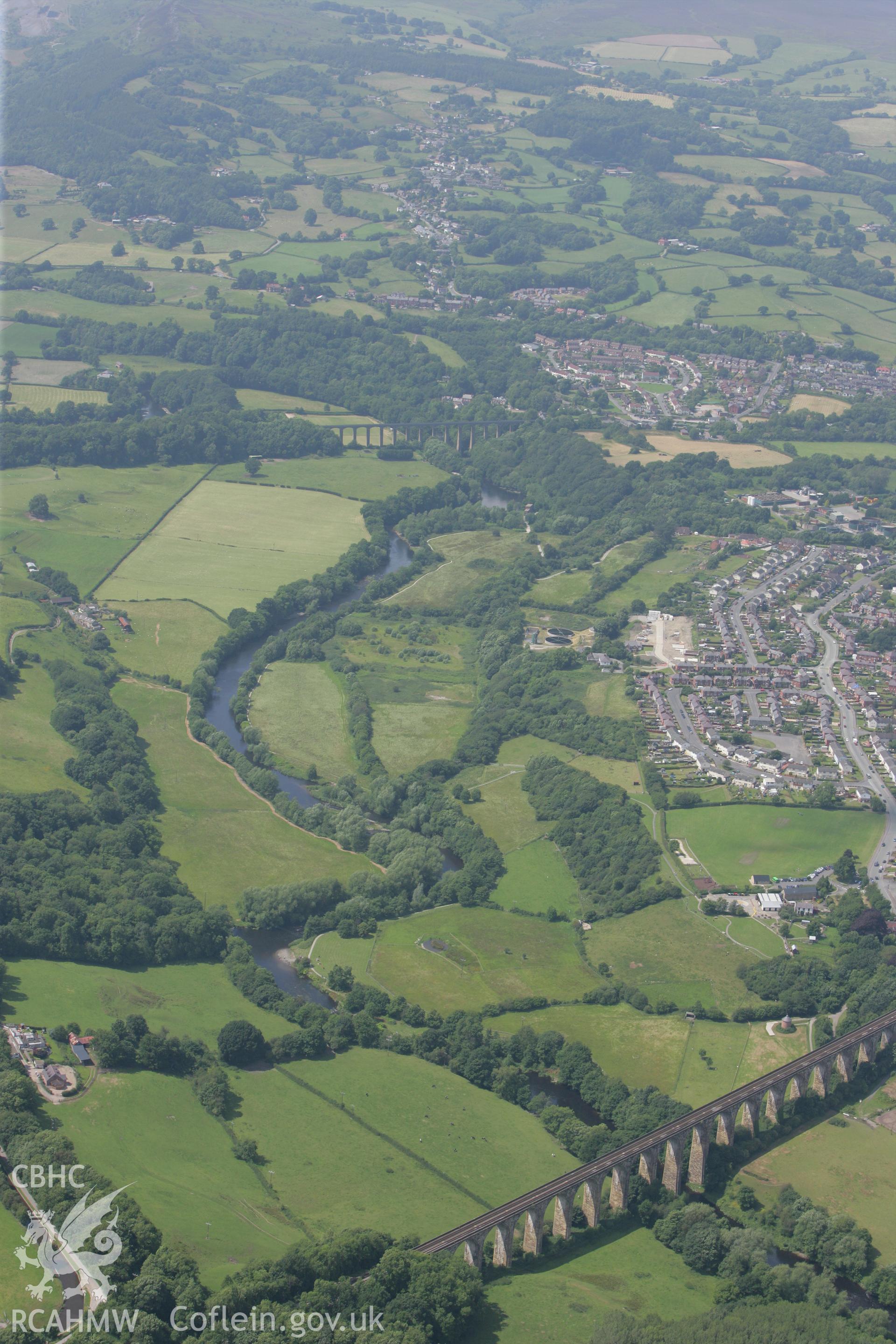 RCAHMW colour oblique photograph of Cefn Bychan (Newbridge) Viaduct. Taken by Toby Driver on 01/07/2008.