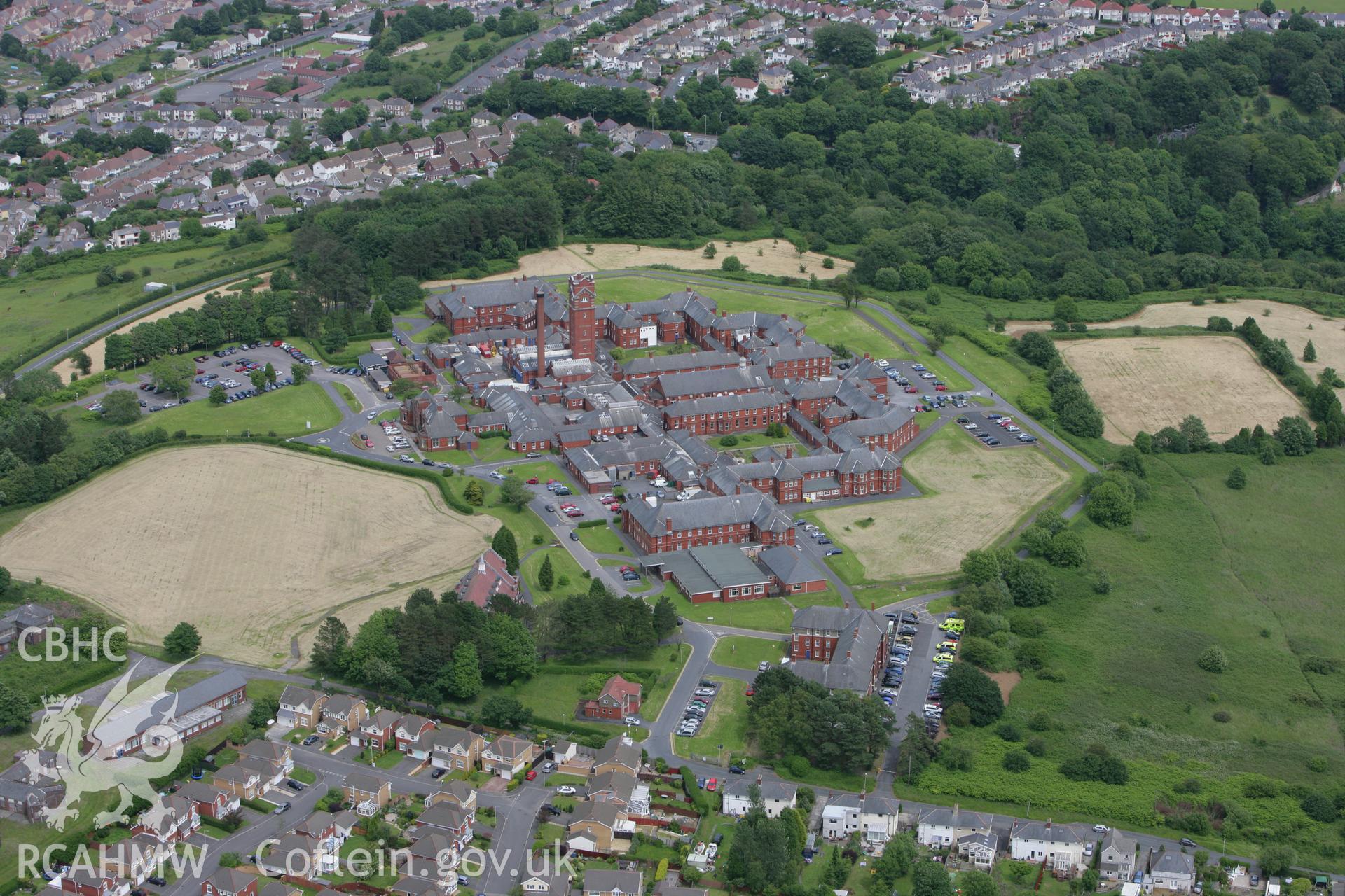 RCAHMW colour oblique photograph of Cefn Coed Hospital. Taken by Toby Driver on 20/06/2008.