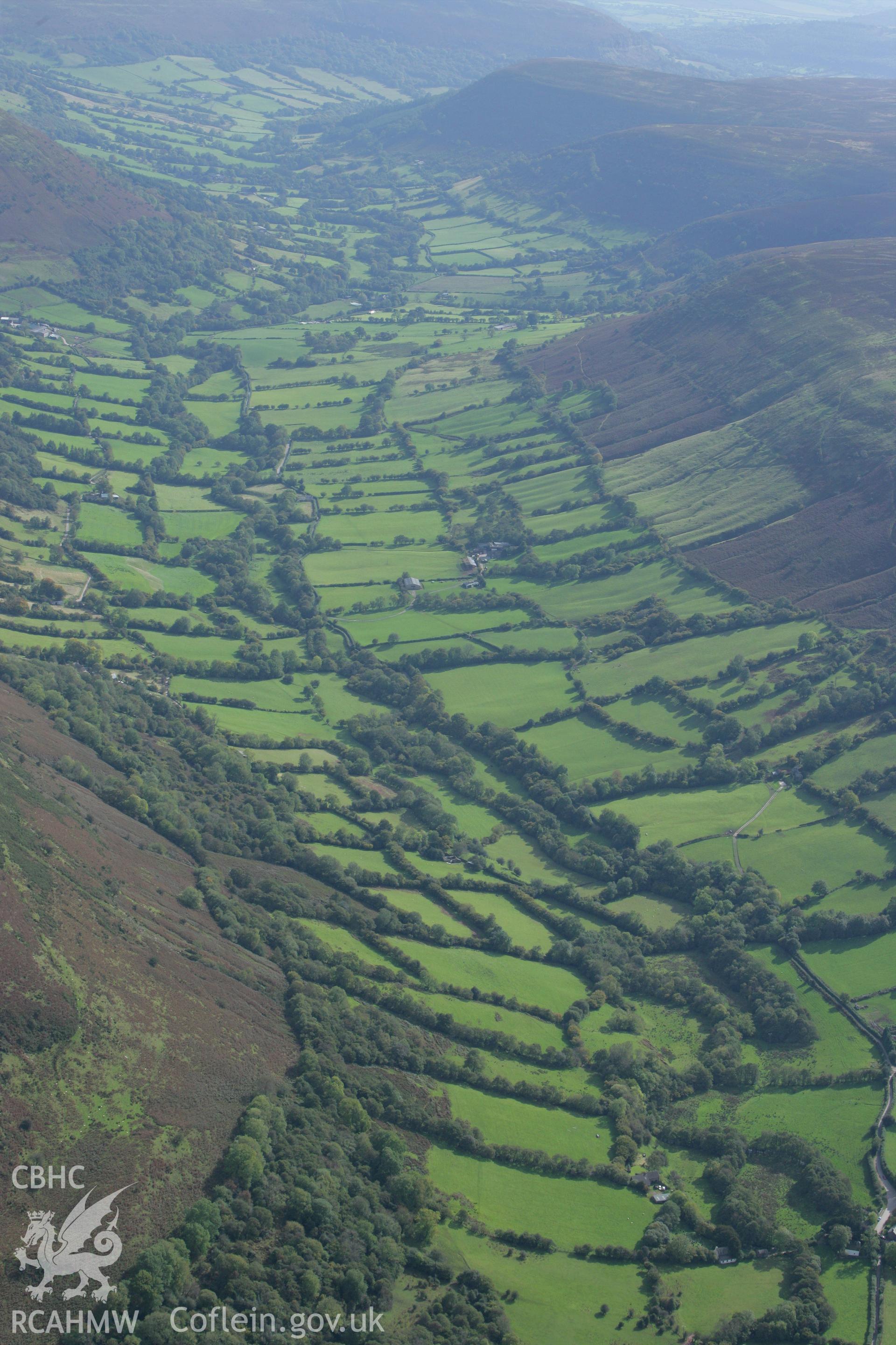 RCAHMW colour oblique photograph of landscape looking south-east down the Vale of Ewyas, from Capel-y-ffin. Taken by Toby Driver on 10/10/2008.