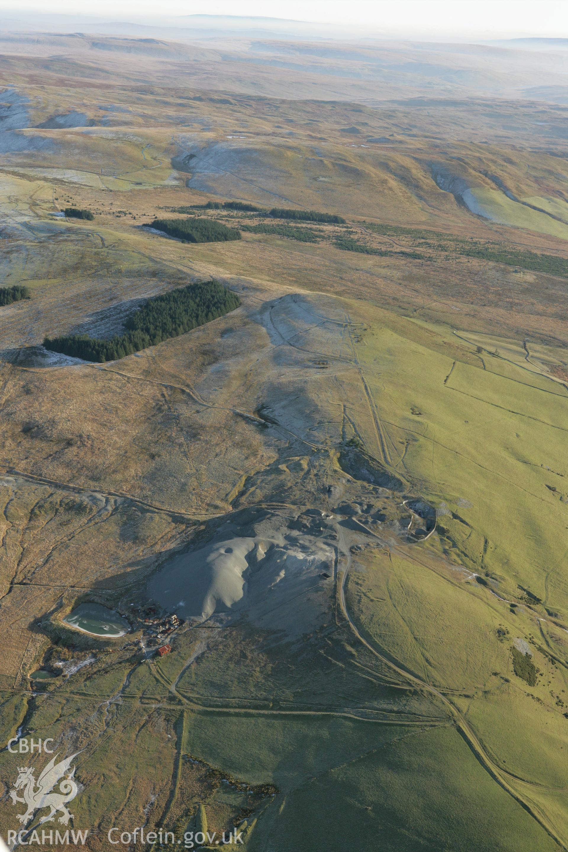 RCAHMW colour oblique photograph of the Esgairmwyn lead mine workings complex, from the west. Taken by Toby Driver on 20/12/2007.
