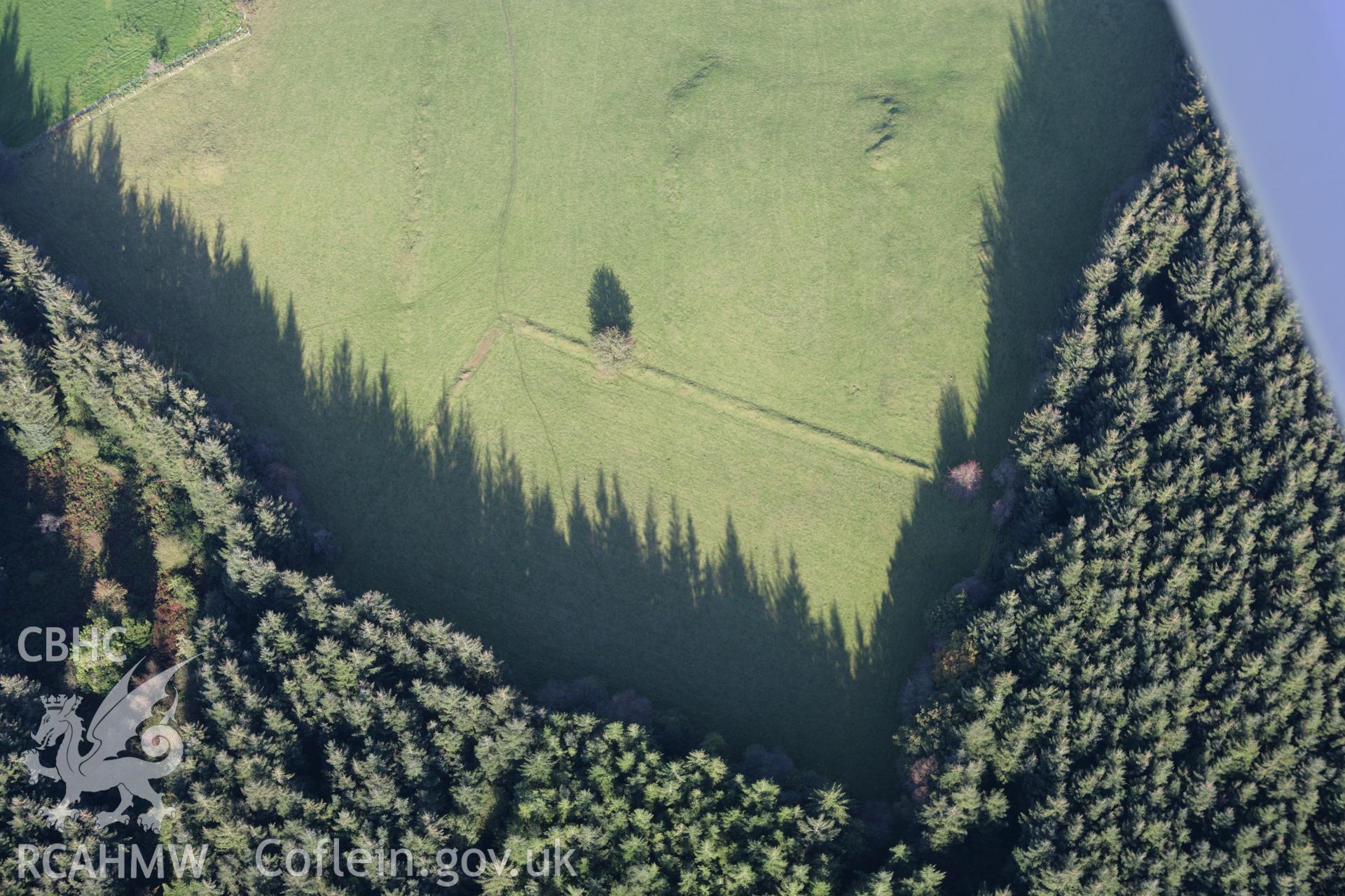 RCAHMW colour oblique photograph of Coed Cwmrban, field enclosure, non-archaeological. Taken by Toby Driver on 04/10/2007.
