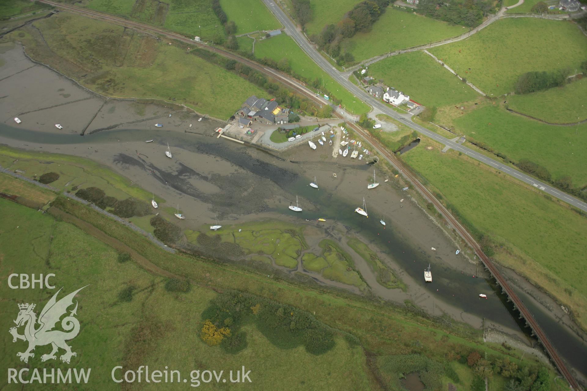 RCAHMW colour oblique photograph of Llanbedr and Pensarn railway station, low tide. Taken by Toby Driver on 08/10/2007.