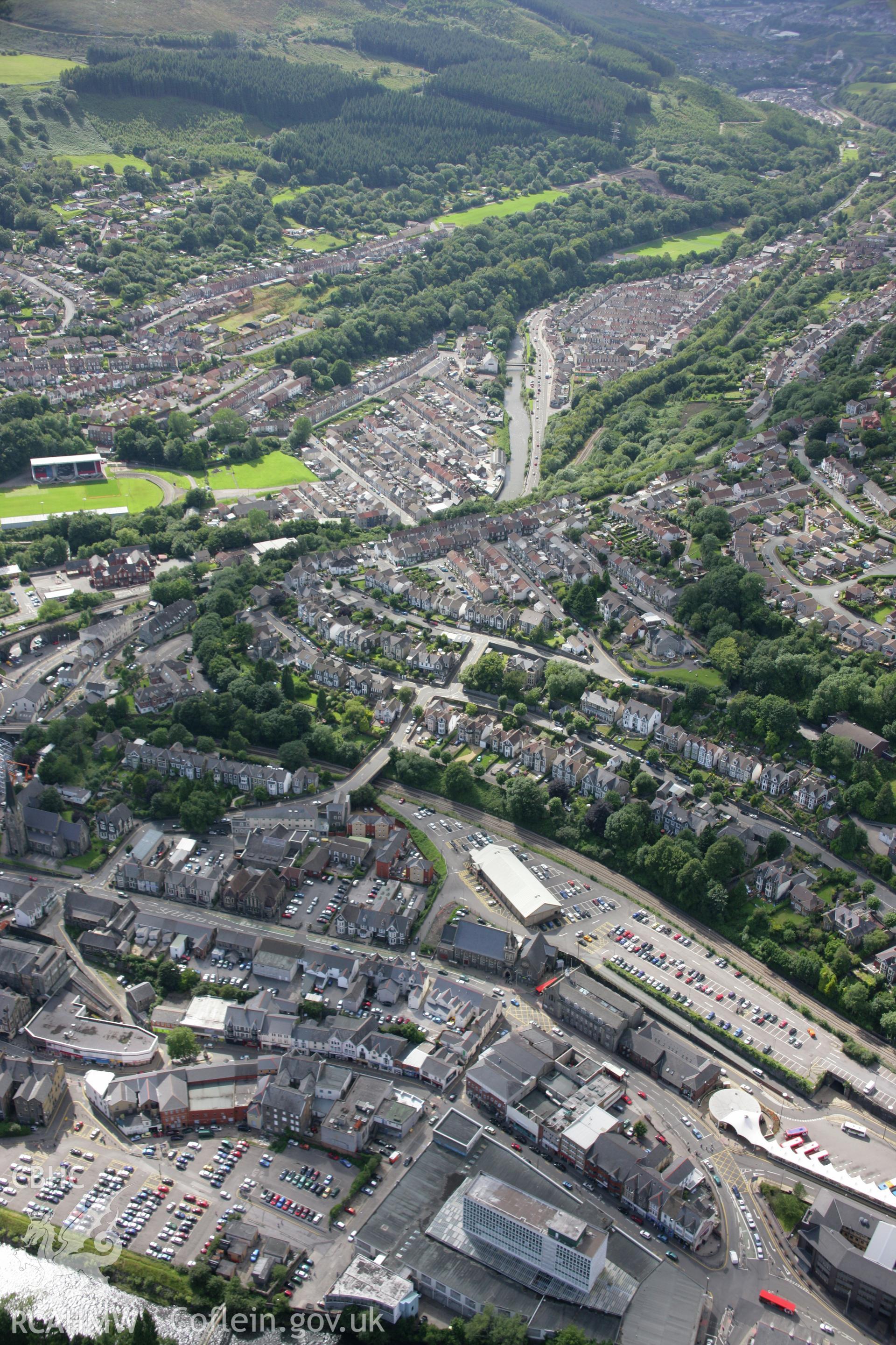 RCAHMW colour oblique aerial photograph of Pontypridd from the east. Taken on 30 July 2007 by Toby Driver