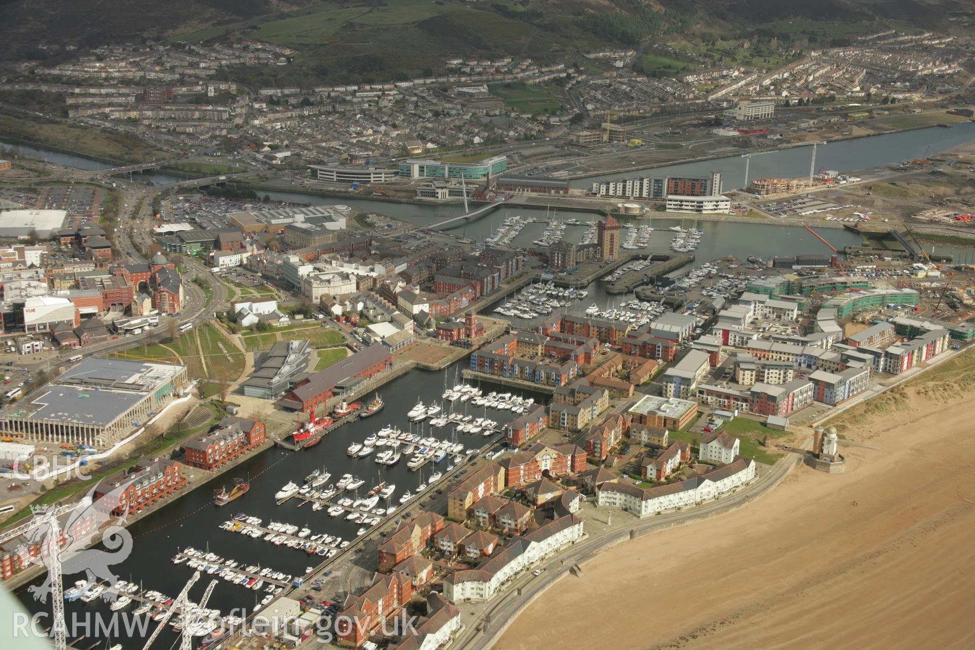 RCAHMW colour oblique aerial photograph of South Dock, now Swansea Marina. Taken on 16 March 2007 by Toby Driver