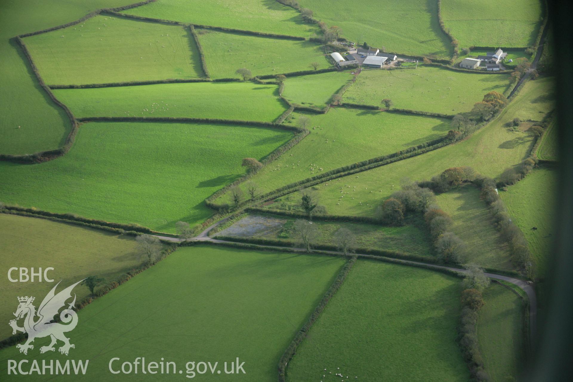 RCAHMW colour oblique photograph of Maen Melyn, Llanstephan, standing stone. Taken by Toby Driver on 06/11/2007.